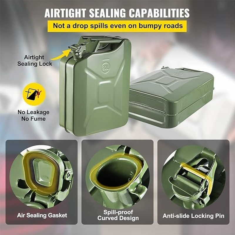 20L 5 Gallon Metal Gas Can Green with Fuel Can and Spout System, US Standard Cold-Rolled Plate Petrol Can, Gasoline Bucket for Motorcycle Dirt Bike UTV SUV ATV (37Cm X 16.5Cm X 46Cm)