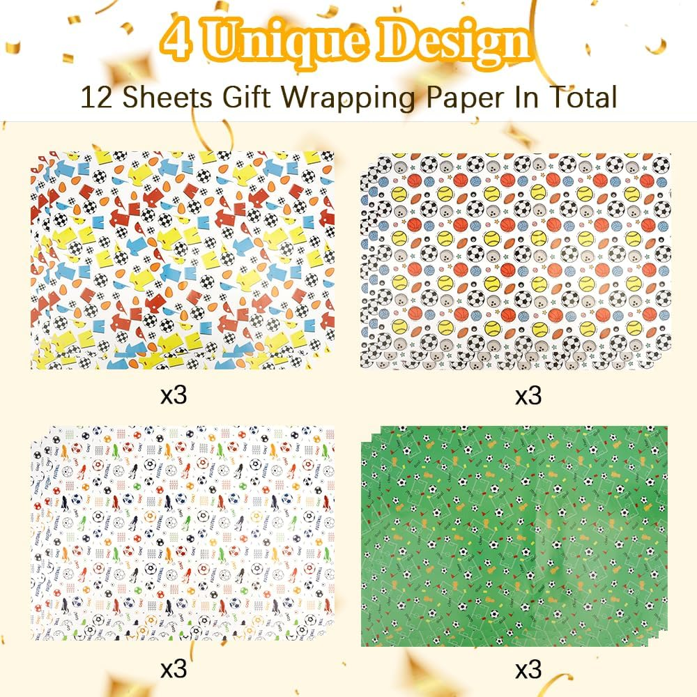 Soccer Wrapping Paper 12 Sheets Birthday 28X20In Folded Flat Gift Wra Paper 4 Style Football Sports Football Wrapping Papers Roll Sports Gift Wrap Paper for Boys image number 1