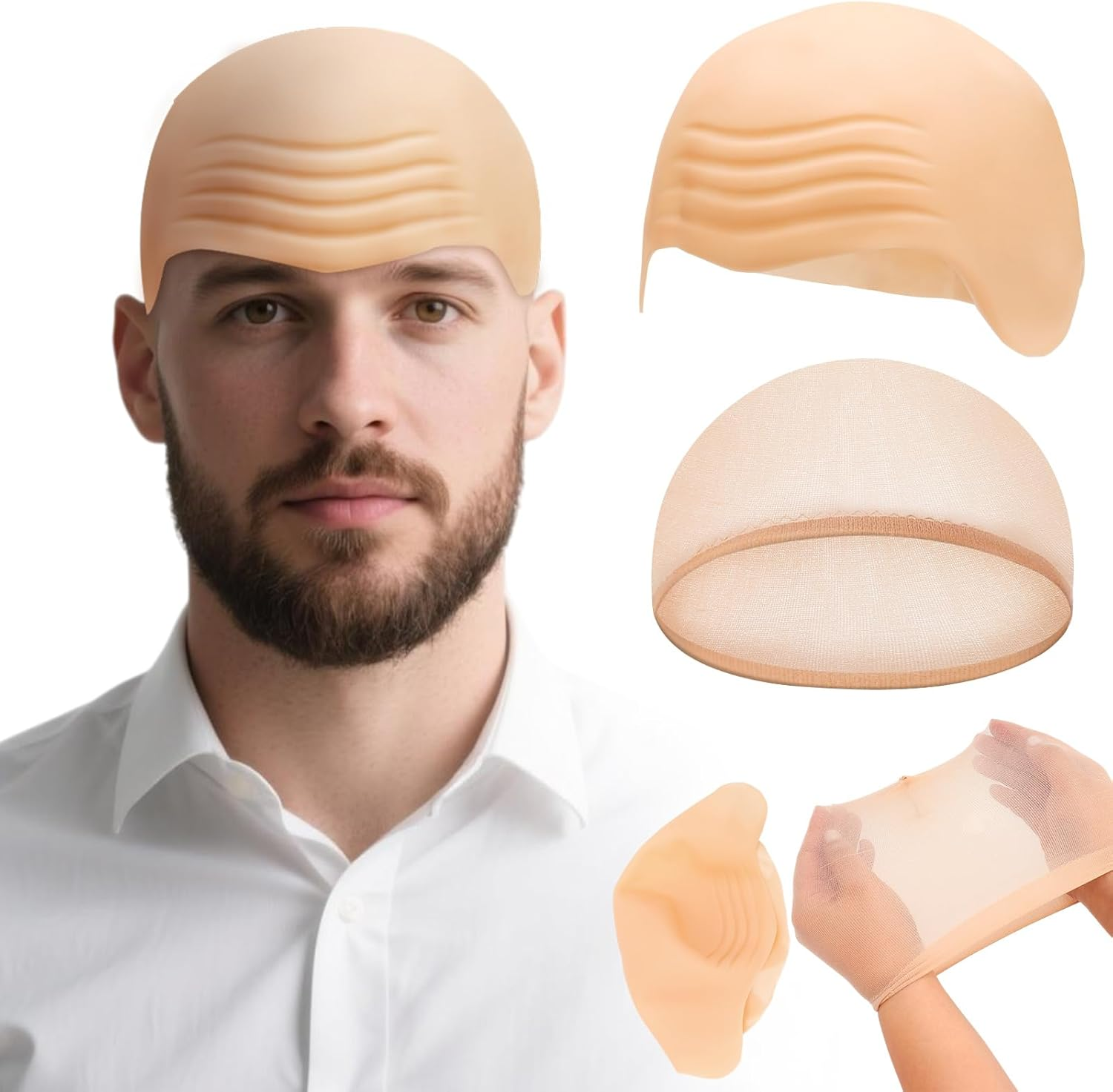 JOLYEAK 2 Pcs Bald Caps Latex Bald Cap with Nylon Wig Caps Makeup Costume Accessories Adult Cosplay Party Supplies image number 6