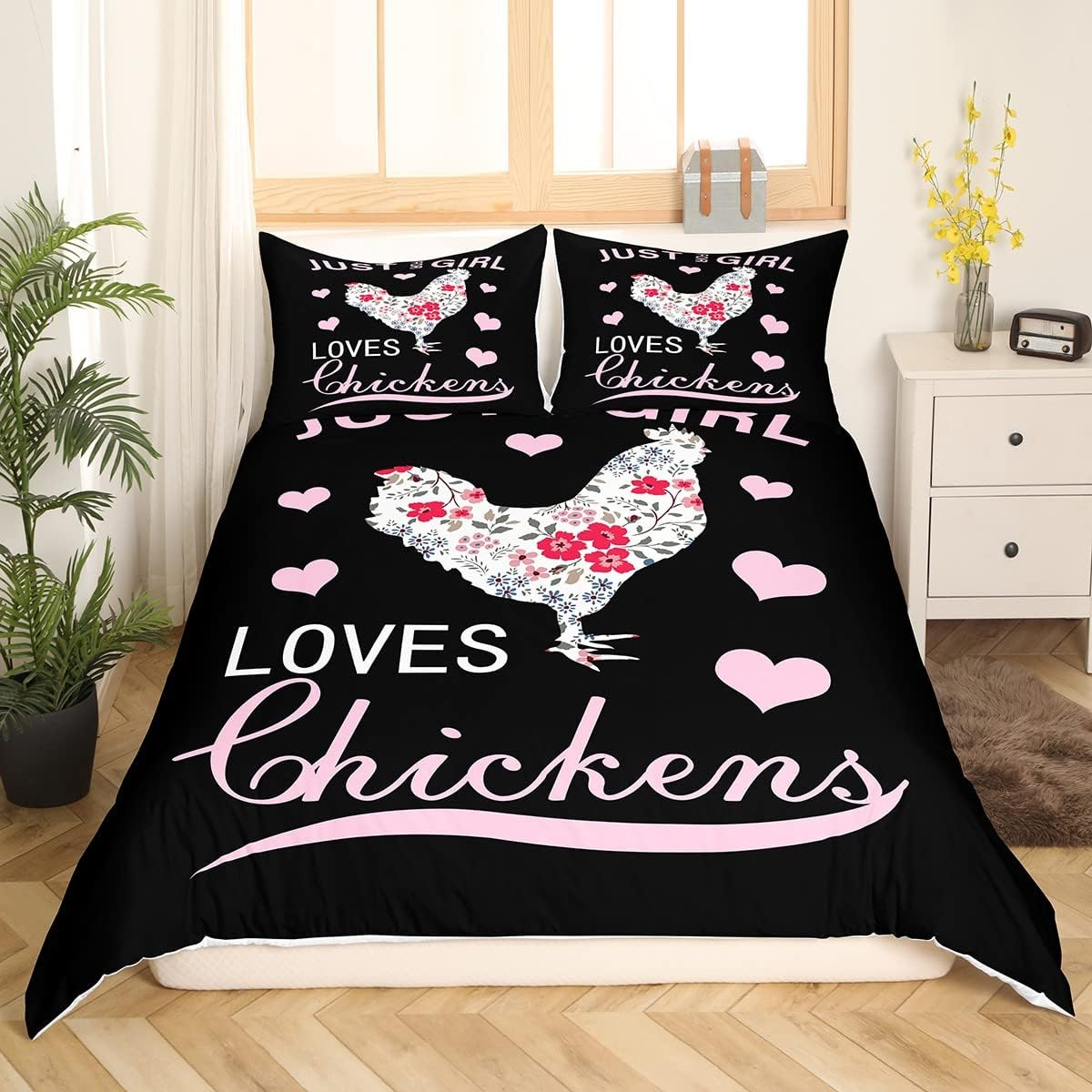 Girl Loves Flower Chicken Comforter Cover 135 X 200 Rustic Farm Animal Print Bedding Set for Girls Kids Teens Room Colorful Floral Decor Hen Duvet Cover Pink Love Heart Bedspread