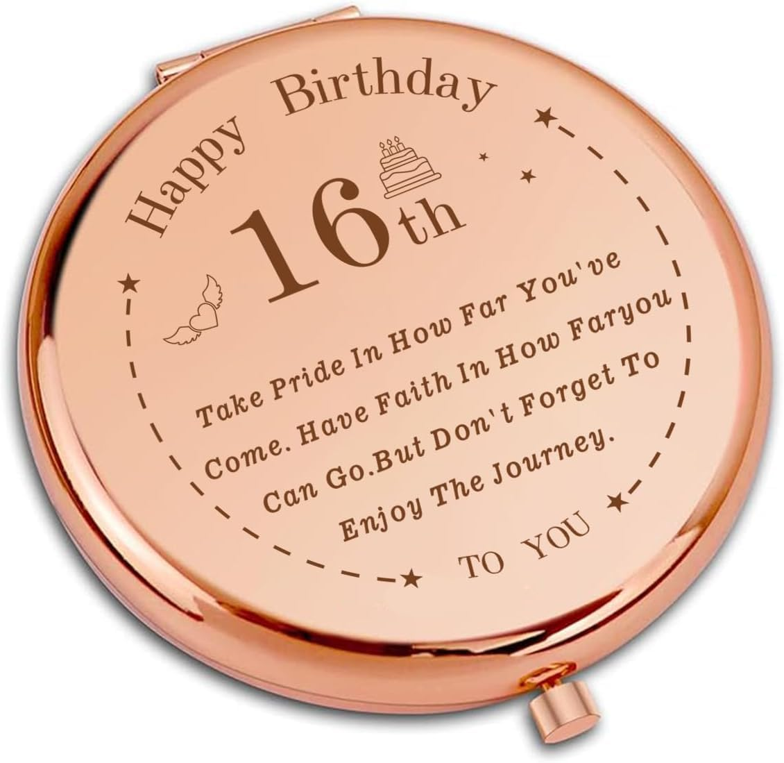 16Th Birthday Compact Makeup Mirror, Sweet 16 Design, Tabletop Mount, 7.2L X 6.5W Cm