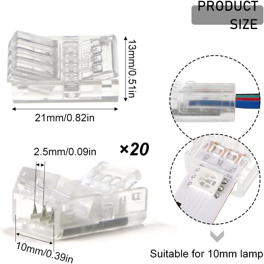 20 Pieces 4-Pin LED RGB Strip Connector, Transparent Solderless LED Linghting Adapter, Quick Connector Extension Terminal for LED Strip Lights, Gapless Track Lighting Connectors image number 2