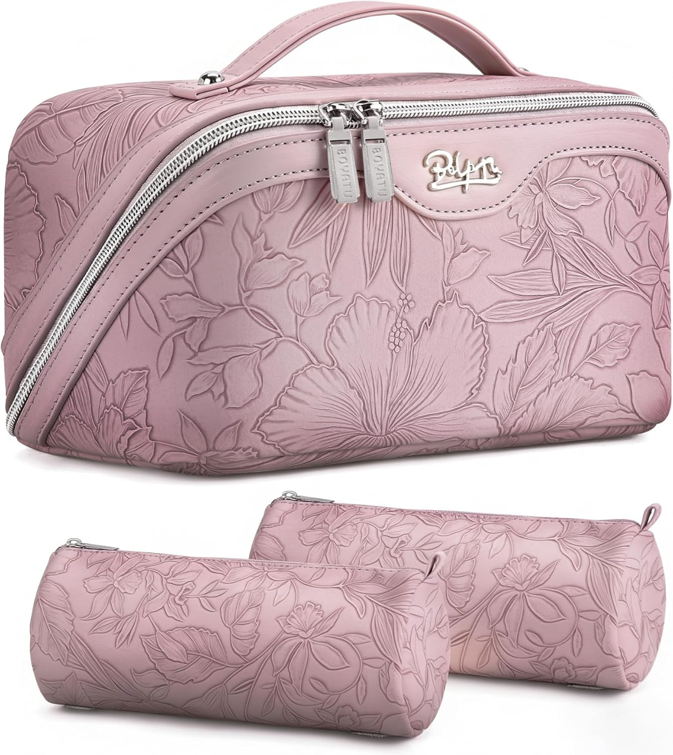 BOYATU Travel Makeup Bags Cosmetic Organizer Bag: 3-Set Large Capacity Make up Bag - PU Leather Toiletry Bags for Women - Wide Open Portable Pouch with Divider & Handle, 01-Light Blue, Travel