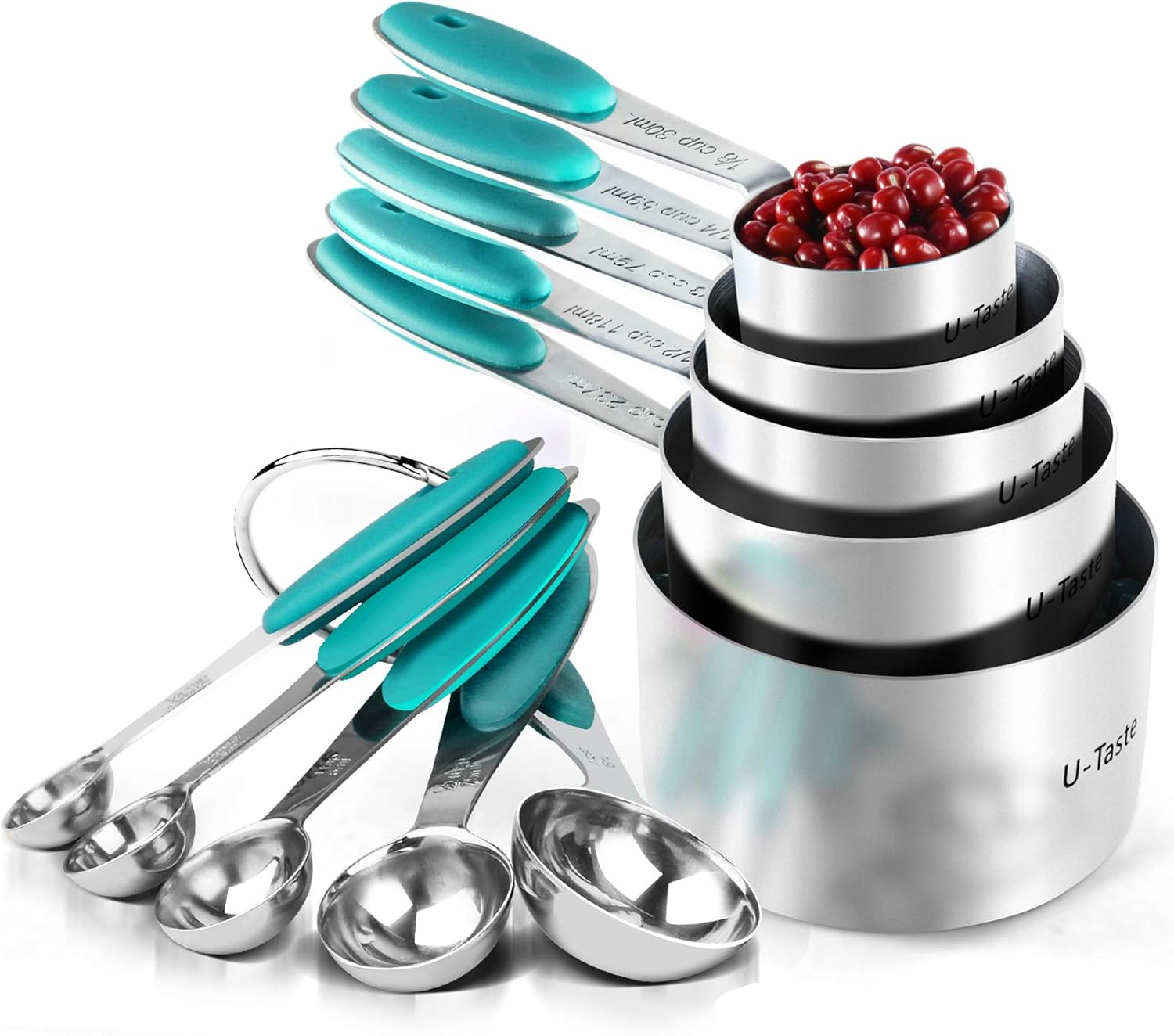Measuring Cups and Spoons Set: U-Taste 18/8 Stainless Steel 10 Pieces Metal Nesting Stacking Kitchen Baking Cooking Food Measure Set 5 Cups 5 Spoons for Dry and Liquid Ingredient (Teal/Turquoise) image number 1