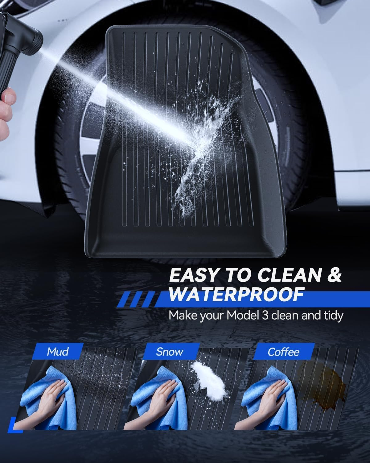 VINBY Floor Mats Made for Tesla Model 3 2024 2025, Original 3D All-Weather Anti-Slip Waterproof Full Coverage Floor Pad Set, Suitable for Tesla Model 3 Highland Accessories 2024-2025,Black image number 6