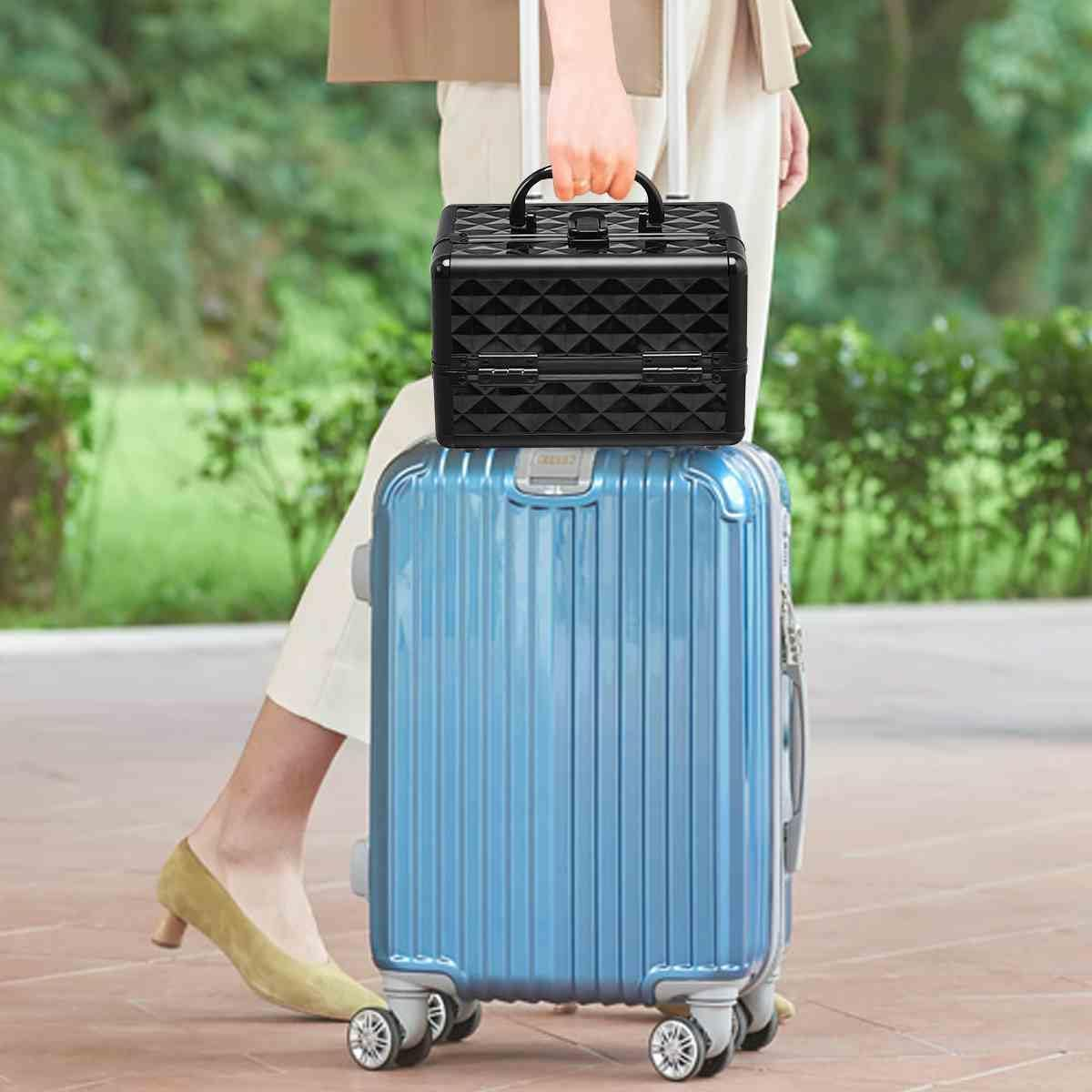 Cosmetic Beauty Case, Portable Lockable Makeup Jewelry Organizer, Travel Makeup Storage Box W/Mirror, Diamond Rose Gold, for Home Travel Gift (Black) image number 2