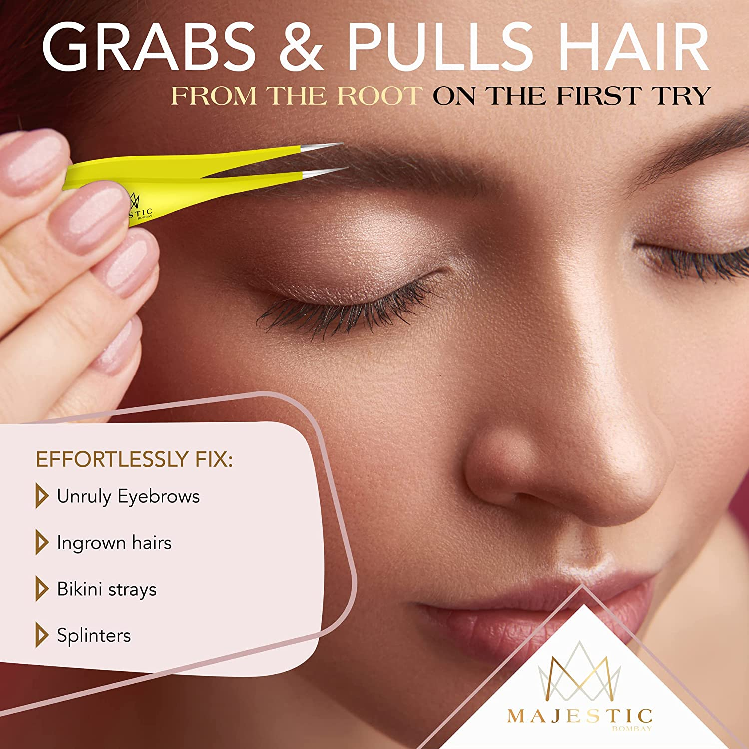 Majestic Bombay Fine Point Tweezers for Women and Men &ndash; Splinter Ticks, Facial, Brow and Ingrown Hair Removal&ndash;Sharp, Needle Nose, Surgical Tweezers Precision Pluckers Best Tweezers for Chin Hair - Yellow image number 4