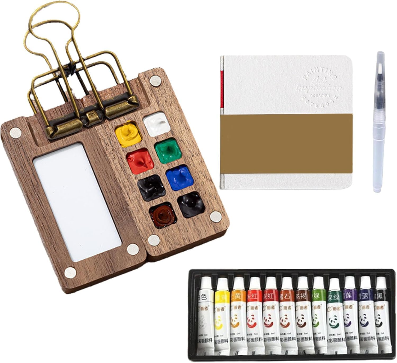 Nano Palette Watercolor, Pocket Artist Watercolor Travel Set, Sketchbook Wooden Palette Box and Travel Artist Brushes Set, Mini Portable Watercolor Travel Set (8 Grids,Walnut)