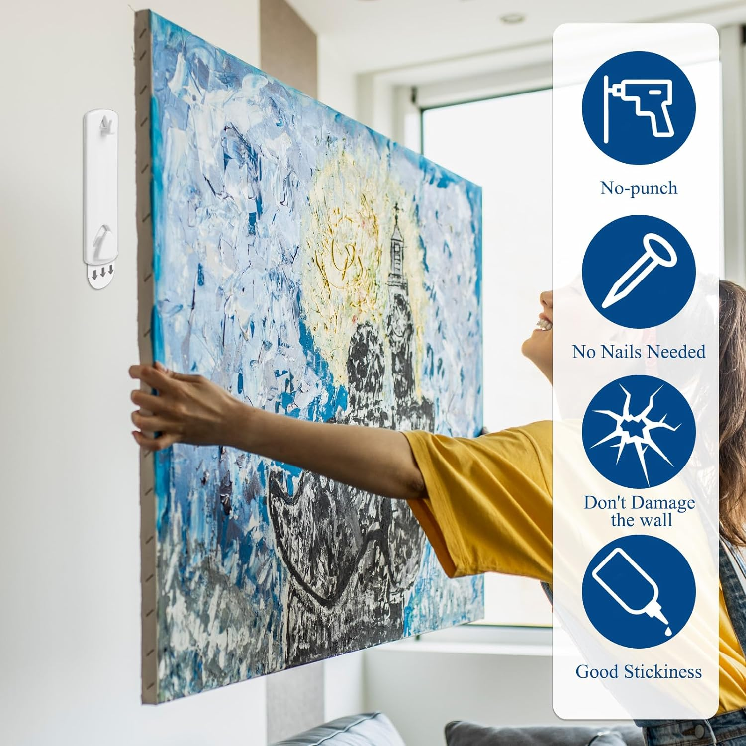 32 Pcs Picture Hangers for Sawtooth and Wire Frame, 8 Picture Hangers & 16 Large Removable Adhesive Strips, Strong Self-Adhesive Picture Hooks No Nails Kits for Large Frame Walls Doors Closets image number 5