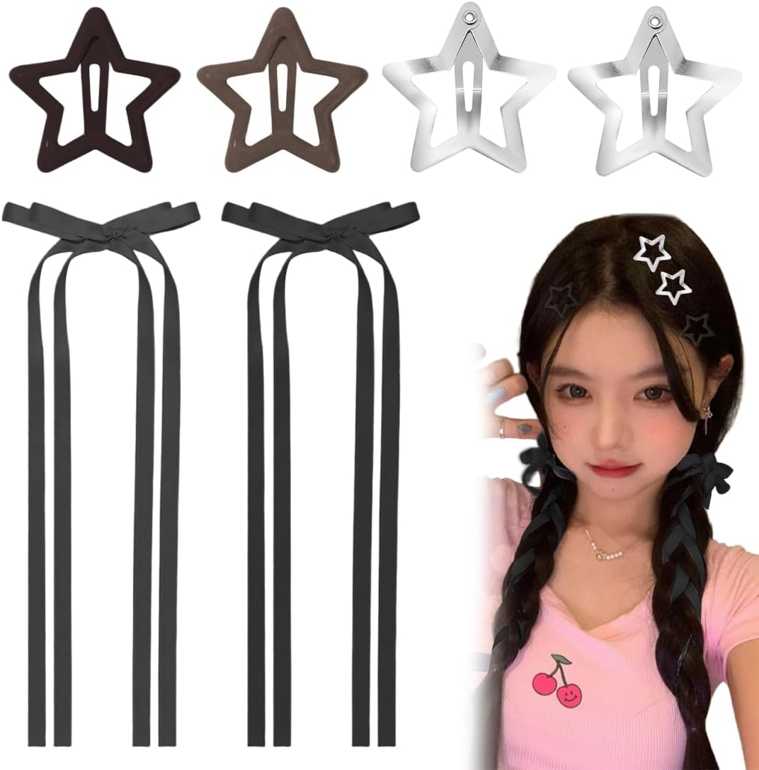 GGUFAY Star Hair Clips and Ribbon Hairpin, Hollowed Star Hair Clips, Hair Bows Girls for Children, Girls, DIY Hairstyles, Halloween, Christmas, Concerts and Daily Life (Black) image number 3