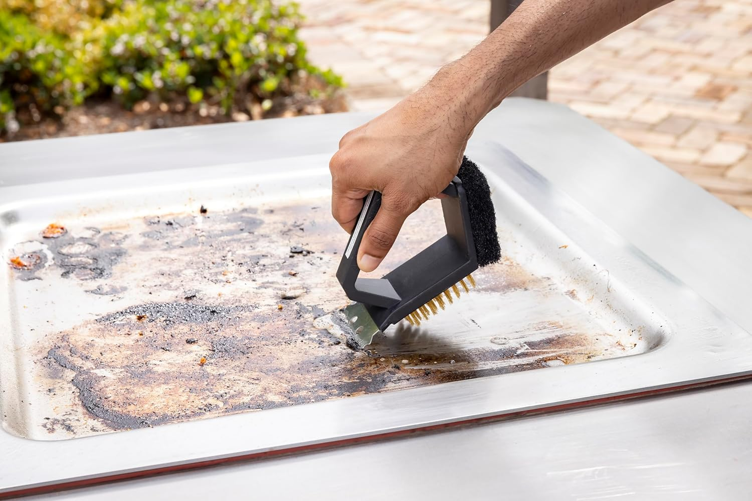 BBQ Buddy 3-In-1 Grill Brush for Outdoor Grill - Grill Cleaner Tool with Grill Scraper - Compact Heavy Duty Handheld Scourer BBQ Brush - Heat Resistant with Ergonomic Handle