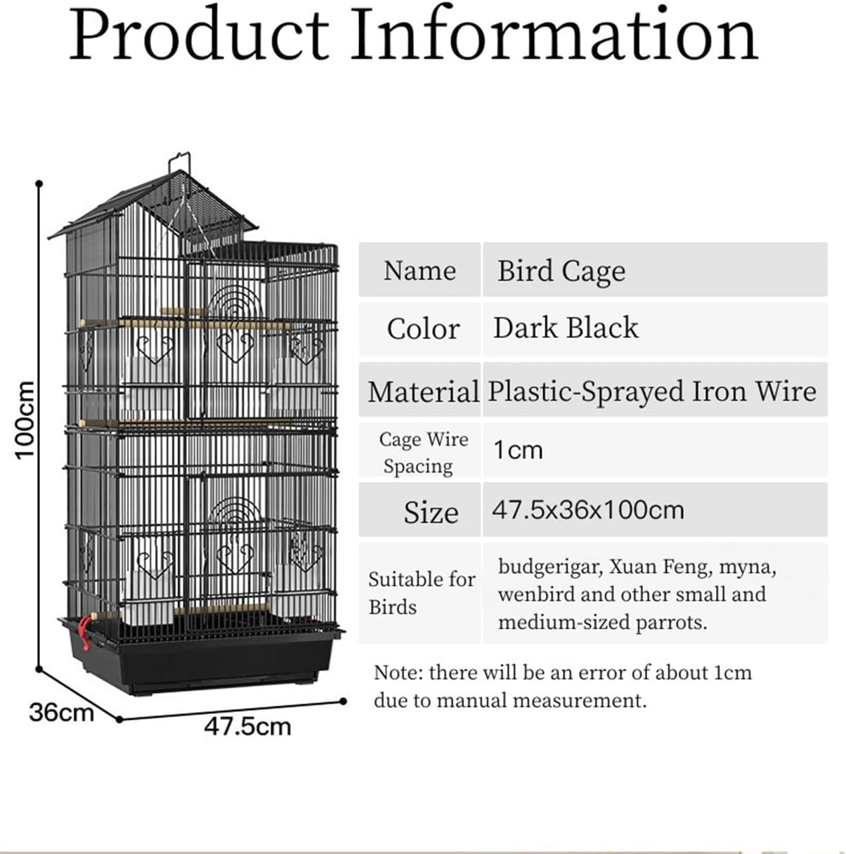 Bird Cage, 3 Perches Small and Medium-Sized, Aviary Parrot Budgie Finch Canary Wheels, Black Slide-Out Removable Tray image number 3
