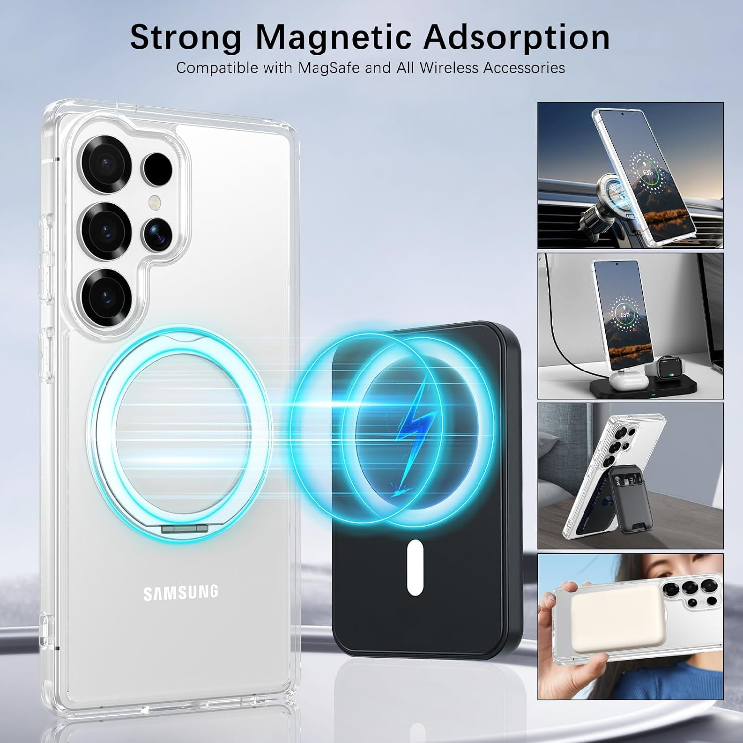 Telaso Case for Samsung S25 Ultra, Compatible with Magsafe Transparent 360&deg; Rotatable Ring Stand Magnetic Shockproof anti Slip Phone Case for Samsung S25 Ultra, Clear image number 4