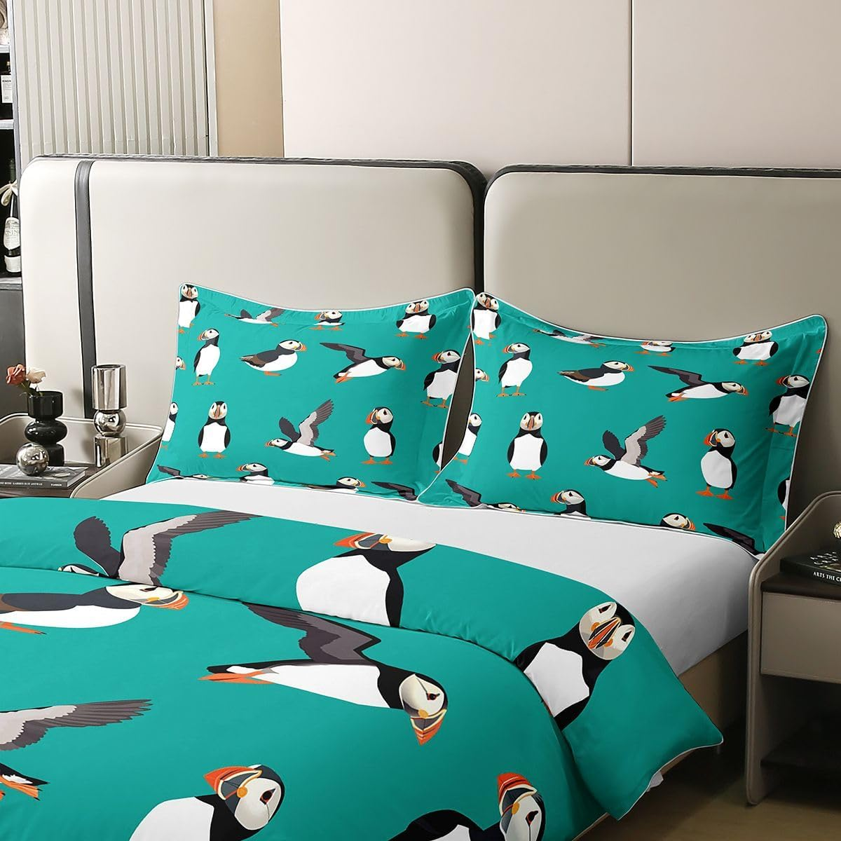 Puffin Bedding Duvet Cover 100% Cotton Set Twin Size Puffin Bird Drawing Bedding Set for Kids Decor Cute Animal Theme Comforter Cover Set Polar Animal Bedspread Cover Bedroom Bedclothes