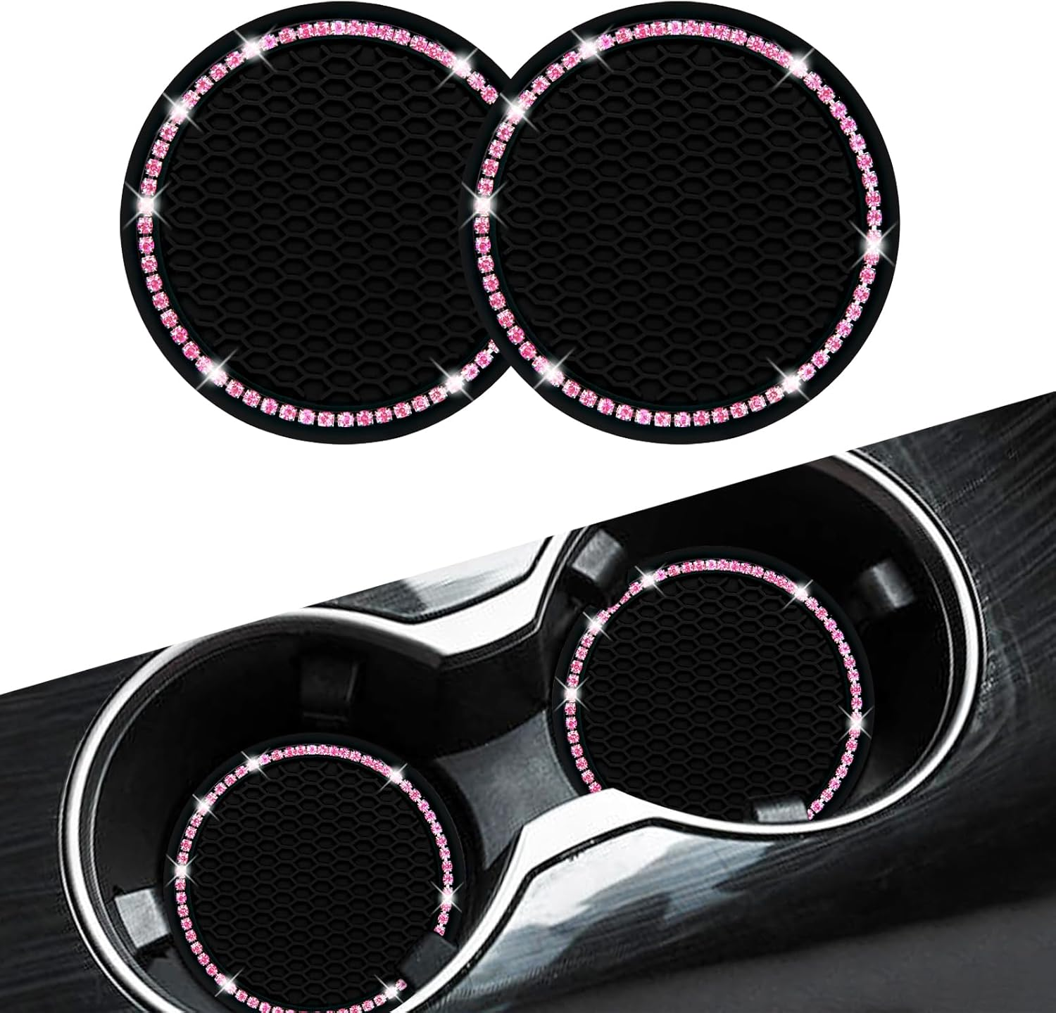 Cup Holder Coasters for Car, Senose Rhinestone Car Accessories for Women and Girl, Universal Anti-Slip Silicone Car Coaster, Diamond Vehicle Interior Decorations (Pink-2 Pcs)