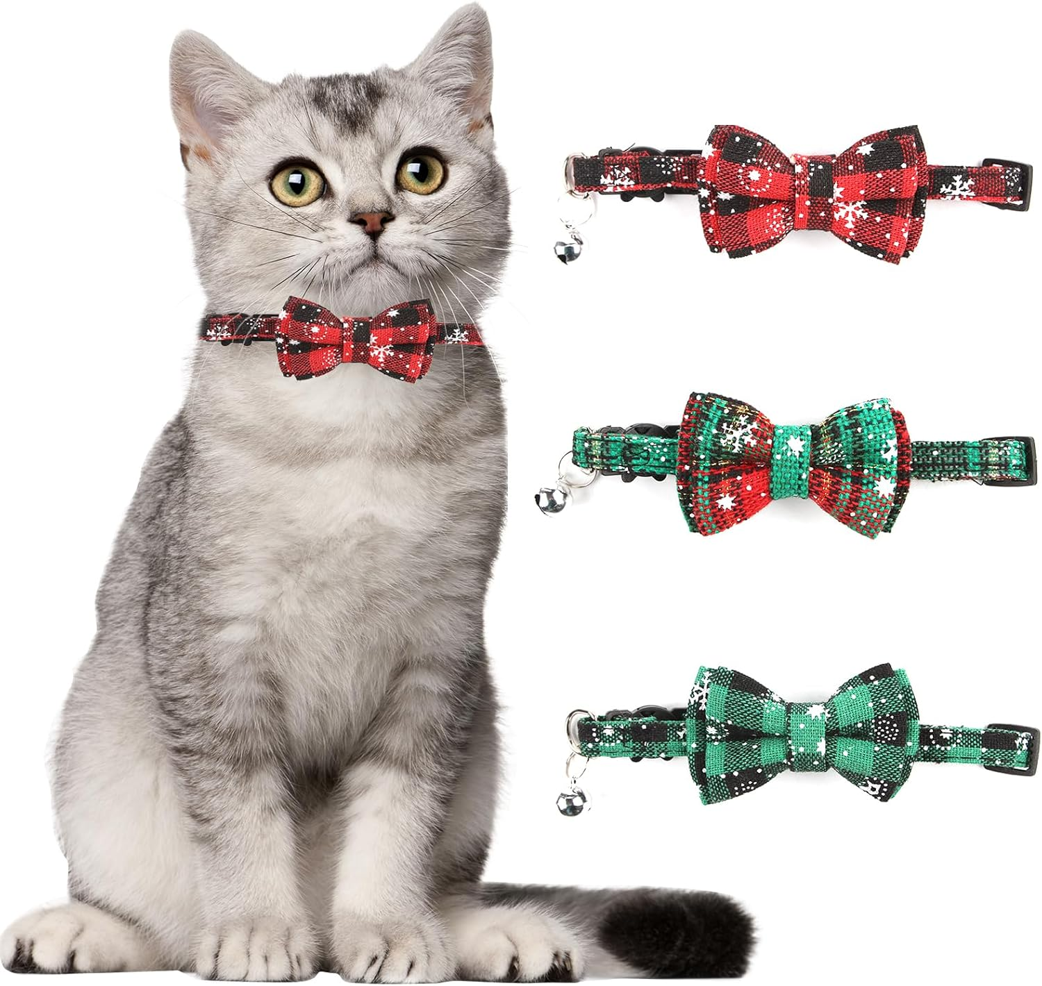 Pack of 3 Christmas Cat Collar Adjustable, Red Green Checked Snowflakes Cat Collars with Bow Tie & Bells Christmas Cat Costume Accessories Accessories, Easy to Wear and Remove image number 4