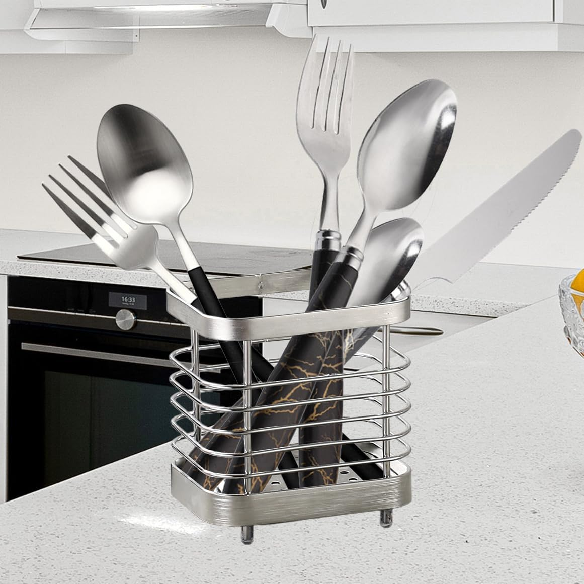 Utensil Holder Kitchen Countertop Organizer, Cutlery Drainer Sink Caddy Dish Drying Rack, Cabinet Silverware Storage Organiser, Stainless Steel, Silver(4 In) image number 6