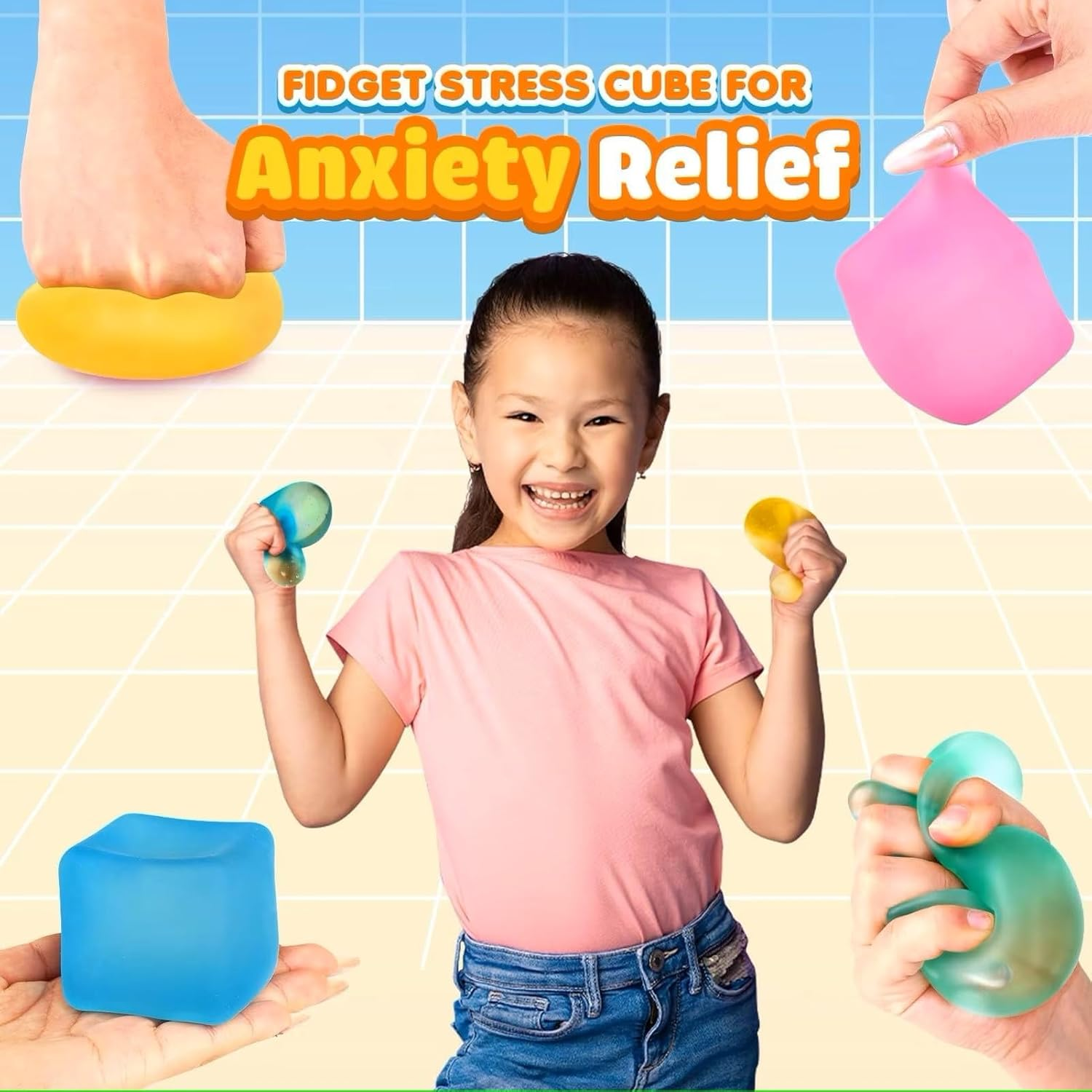 3 Pack Anxiety Annoyance Toys Stress Cubes. Glow-In-The-Dark Soft Gel-Filled Anxiety Relief Toys for Kids, Adults and Teens (3 Pcs, Red, Yellow and Blue) image number 3