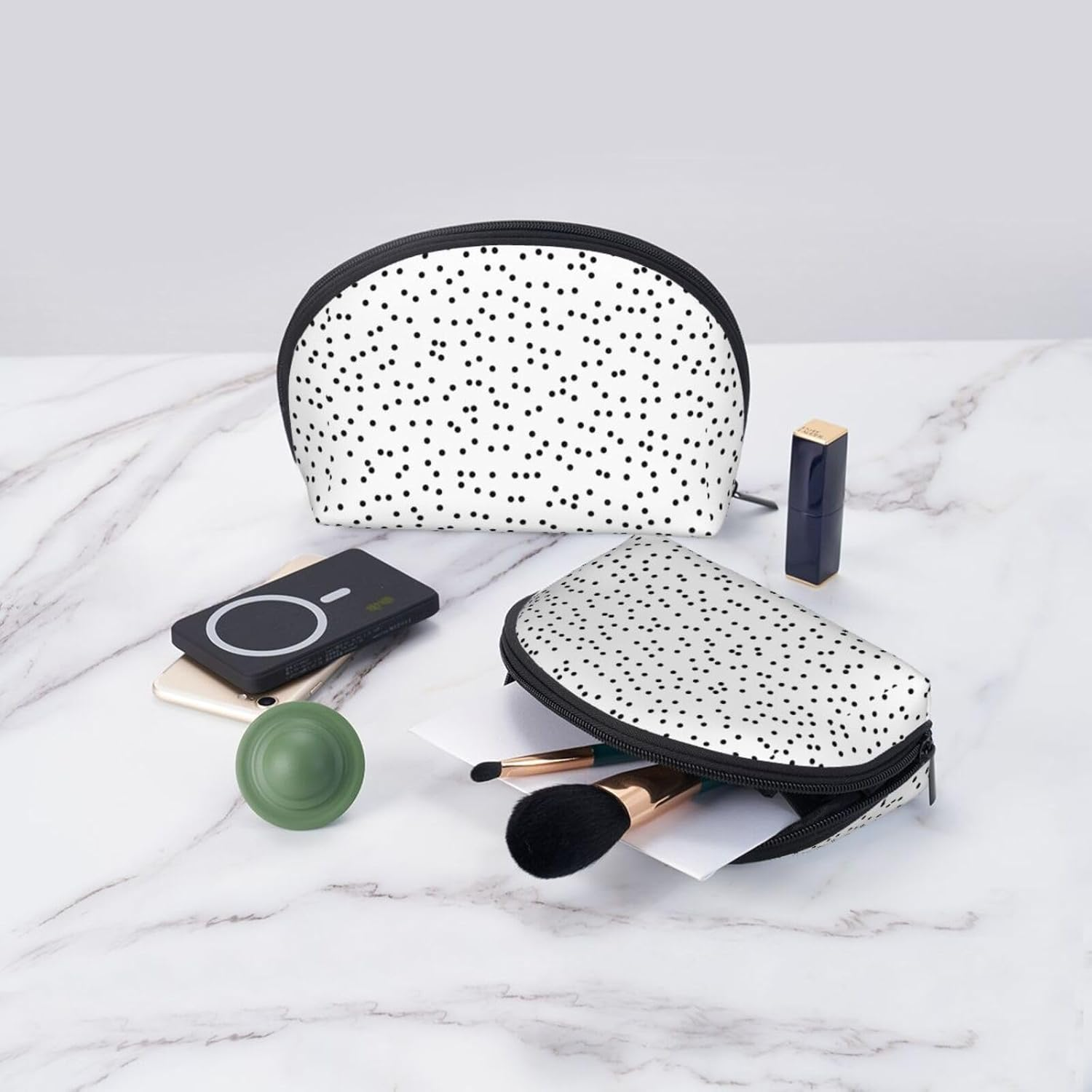 Coin Pouch Makeup Bags Set, 2 Piece Shell Shape Cosmetic Bag with Pockets for Daily Travel Handbag Lipstick Keys Toiletry, Personalized Polka Dot Black on White image number 5