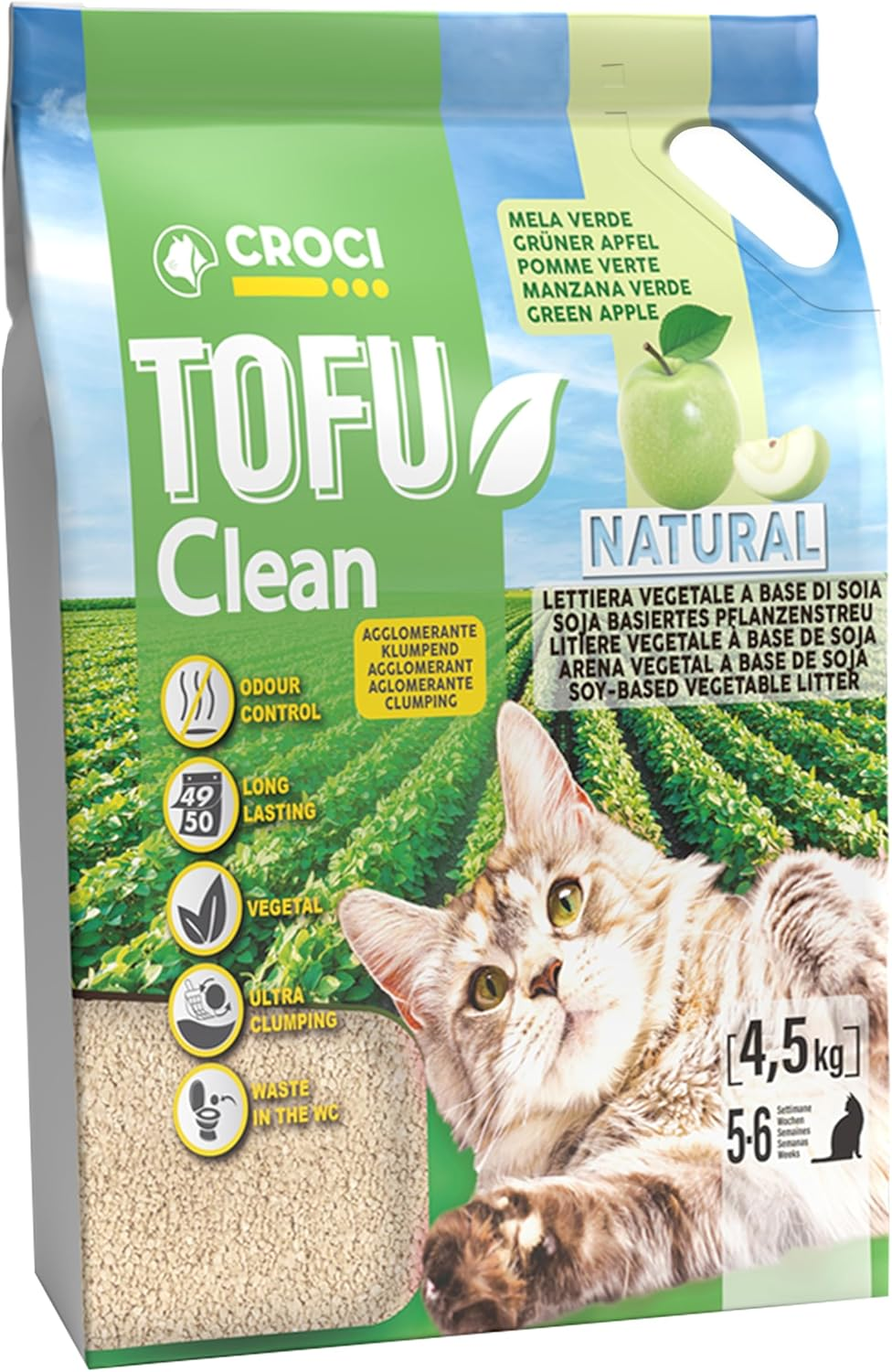 Croci Tofu Clean 10L Te Verde &ndash; Clumping Cat Litter Box Scented with Green Fragrance, Biodegradable in the Toilet, 100% Vegetable, Long-Lasting Odour Proof Sand image number 2