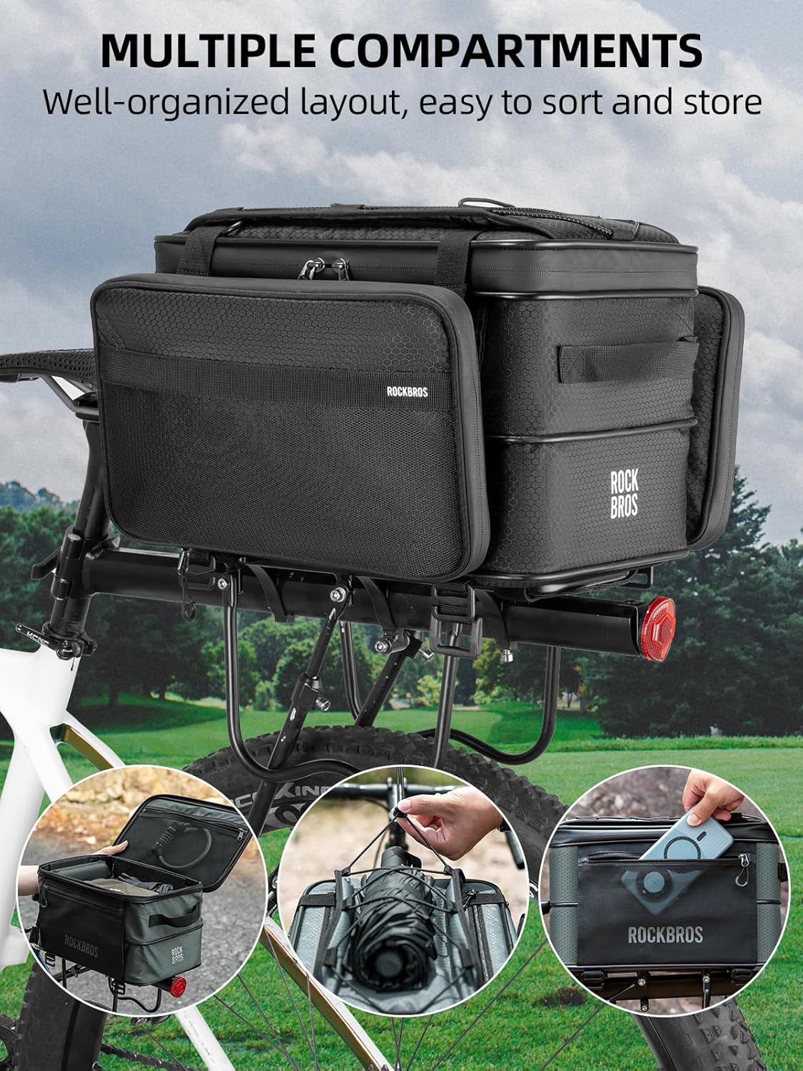 ROCKBROS Rear Bike Rack Bag 15-30L Bike Pannier Bag with Removable Side Bag Saddle Bag Rear Rack for Commute Shopping and Cycling (Black) image number 2