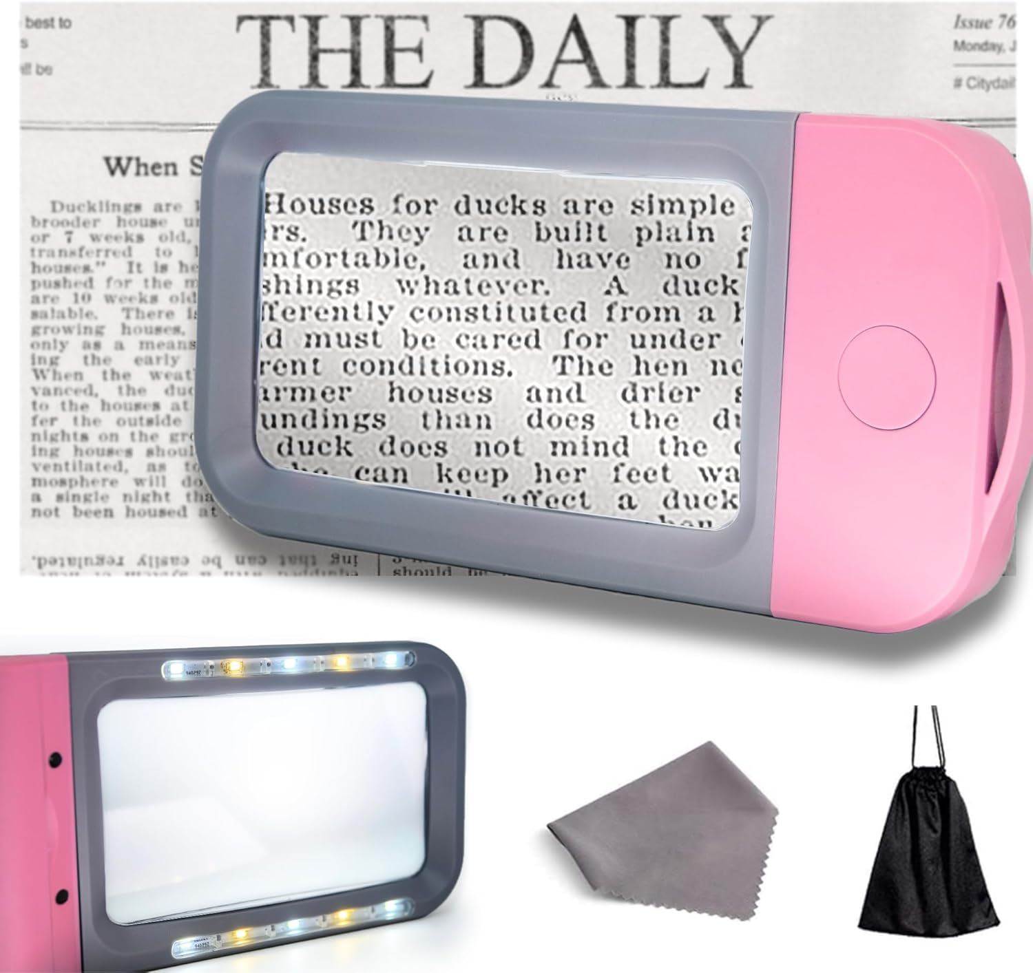 VOCA Magnifying Glass with Light, 3X Large Rectangle Reading Magnifier with 10 Leds for Seniors with Macular Degeneration, Newspaper, Books, Small Print, for Low Visions (Pink)