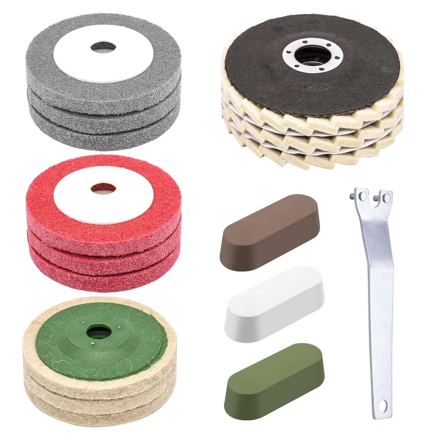 Waltool 16Pcs Assorted Buffer Wheel Set Contains 4-1/2 X 7/8 Inch Arbor Wool Felt Flap Disc, 4'' Wool Felt and Nylon Fiber Disc with 3 Polishing Compound & Metal Wrench for Angle Grinder image number 2
