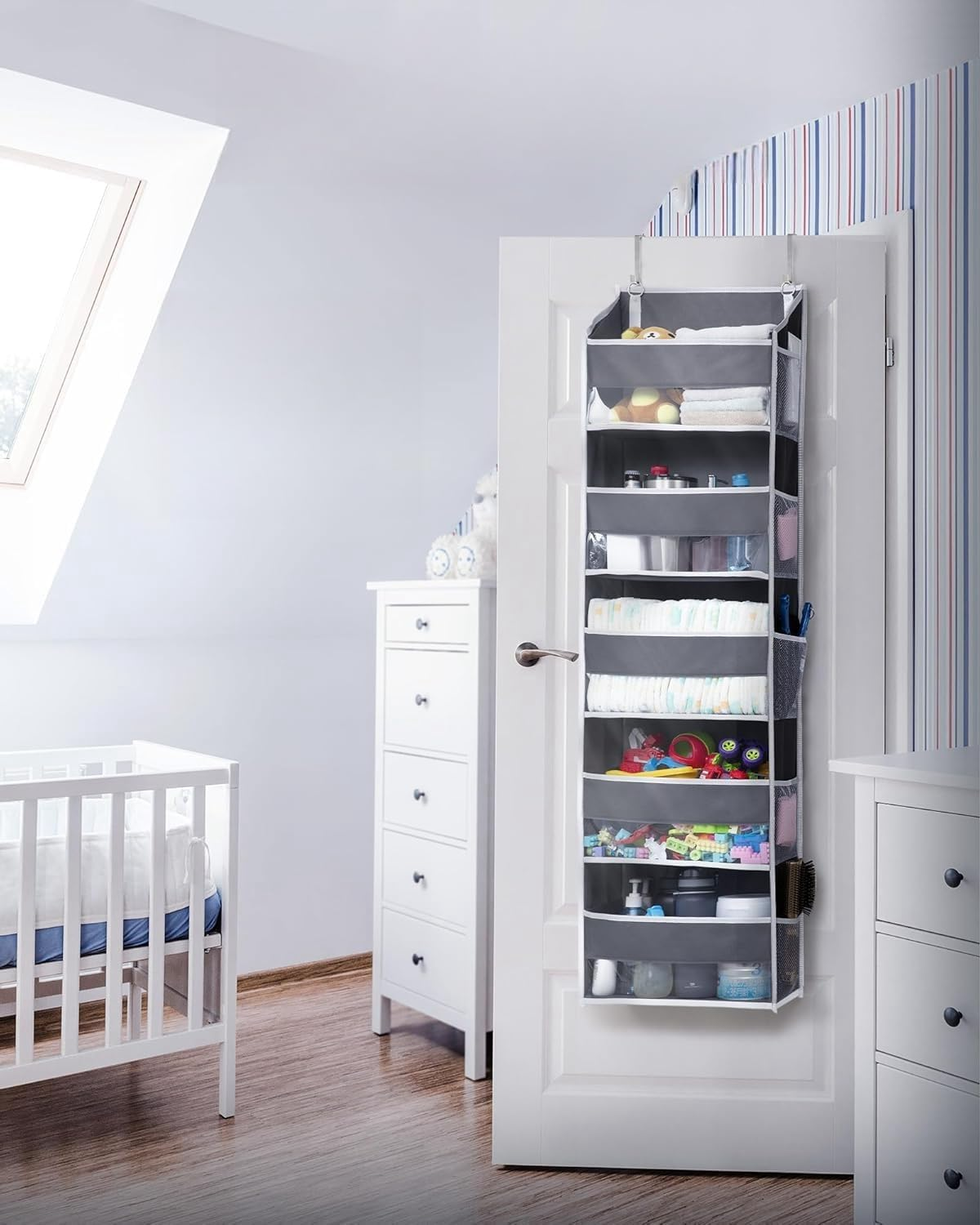 Maximize Space with 1 Pack over Door Organizer - 5 Large Pockets & 10 Mesh Side Pockets for Kids Toys, Shoes, Diapers - 44 Lbs Capacity in Dark Grey, 5 Layers with Clear Window! image number 4