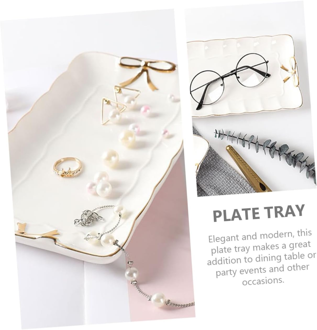 FRCOLOR Elegant Ceramic Jewelry Tray with Lace Edge Multi-Purpose Dessert Serving Dish and Appetizer Plate for Coffee Table Vanity Dining Kitchen and Home White Decorative Platter image number 2