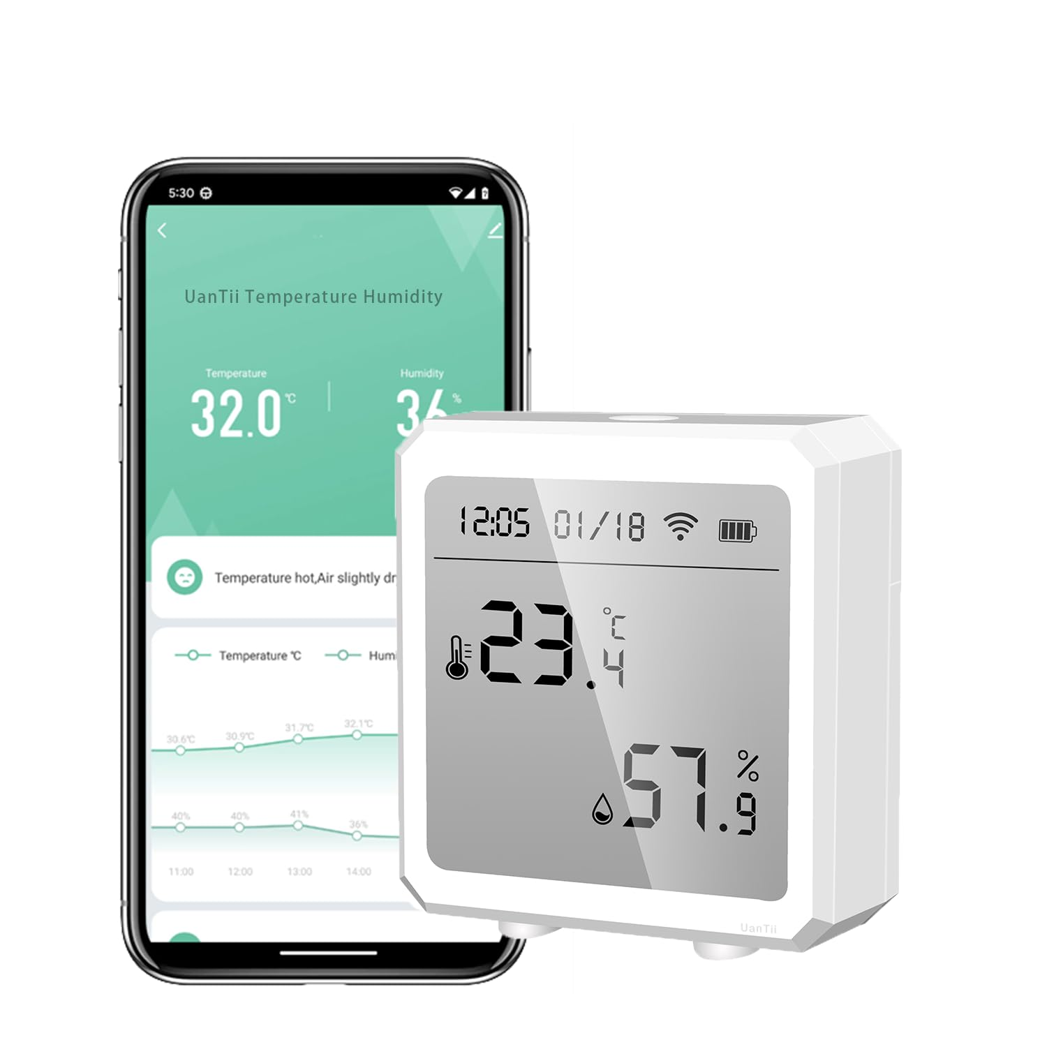 Wifi Temperature Humidity Sensor Tuya Smart Indoor Thermometer Hygrometer Detector,Works with Smart Life App,App and Voice Control (White)