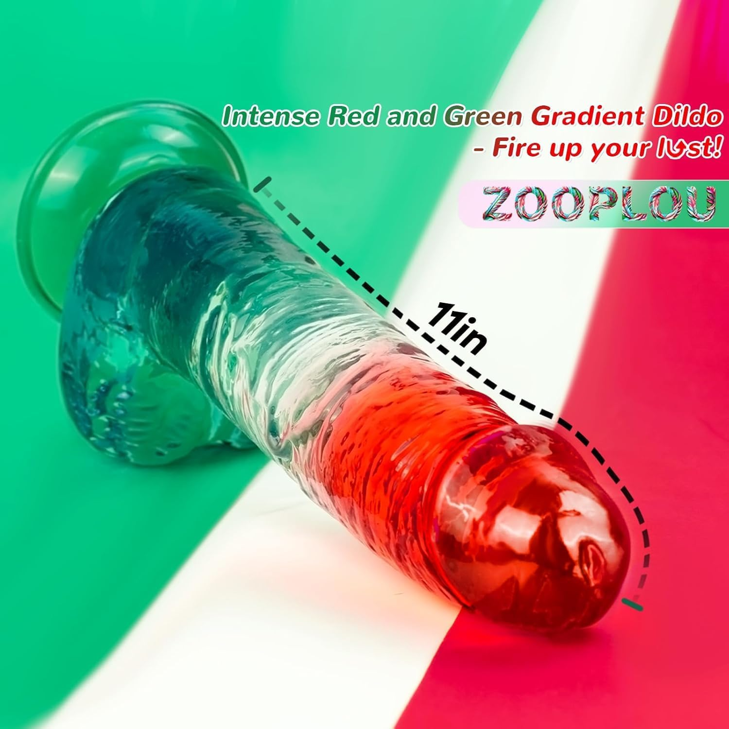 Yukaione Thick Clear Dildo 2.35&ldquo; Diameter 11&rdquo; Long, G-Spot Anal Dildo with Powerful Suction Cups, Red Blue Jelly Soft Real Dildos for Women Couples Male Adult Sex Toys with Strap on Penis Female Sex Toys (Red Green) image number 3