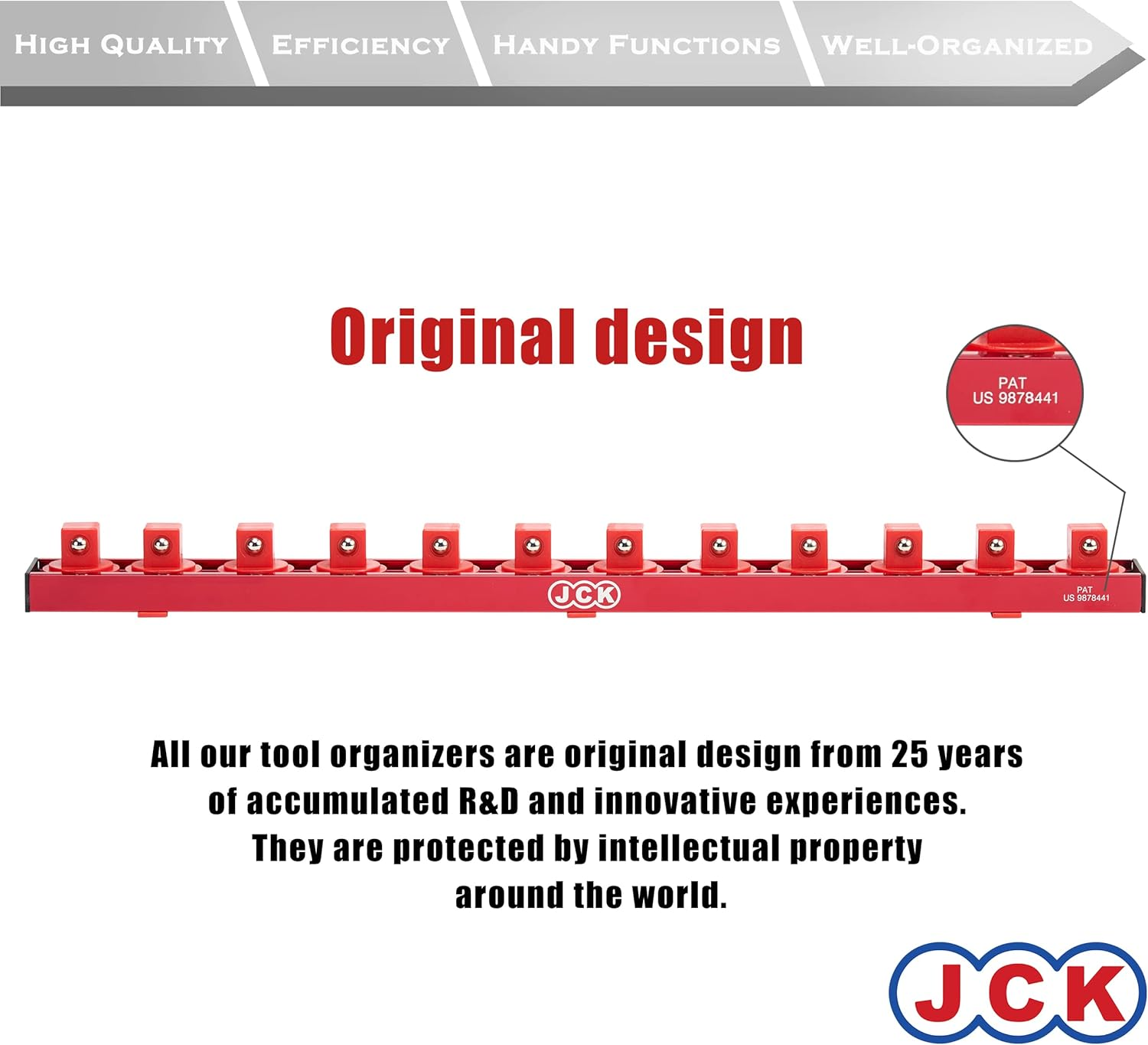 JCK Professional Quality Aluminum Socket Organizer (1/2" Socket) with Special Designed Strip & 360 Degree Rotary Positioning Studs Red for Metric/Imperial Tool Organizer Secure Socket Storage Toolbox image number 6