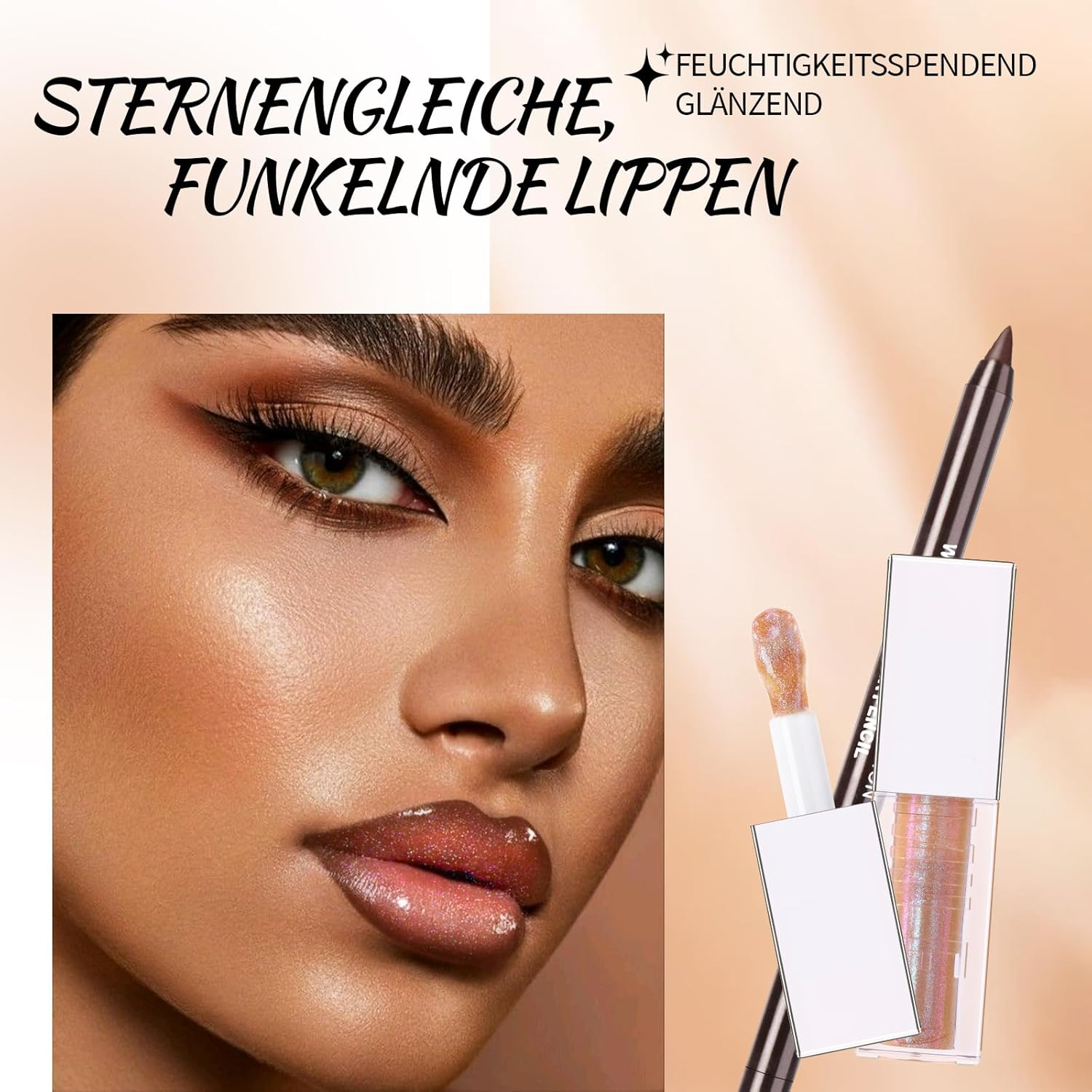 Noerrors Brown Lip Gloss Liner Set Glitter Shimmer Nude Lip Combo Gradient Plumping Glossy Lip Oil Moisturising Large Brush Lipstick Shiny Glow Lip Makeup image number 5