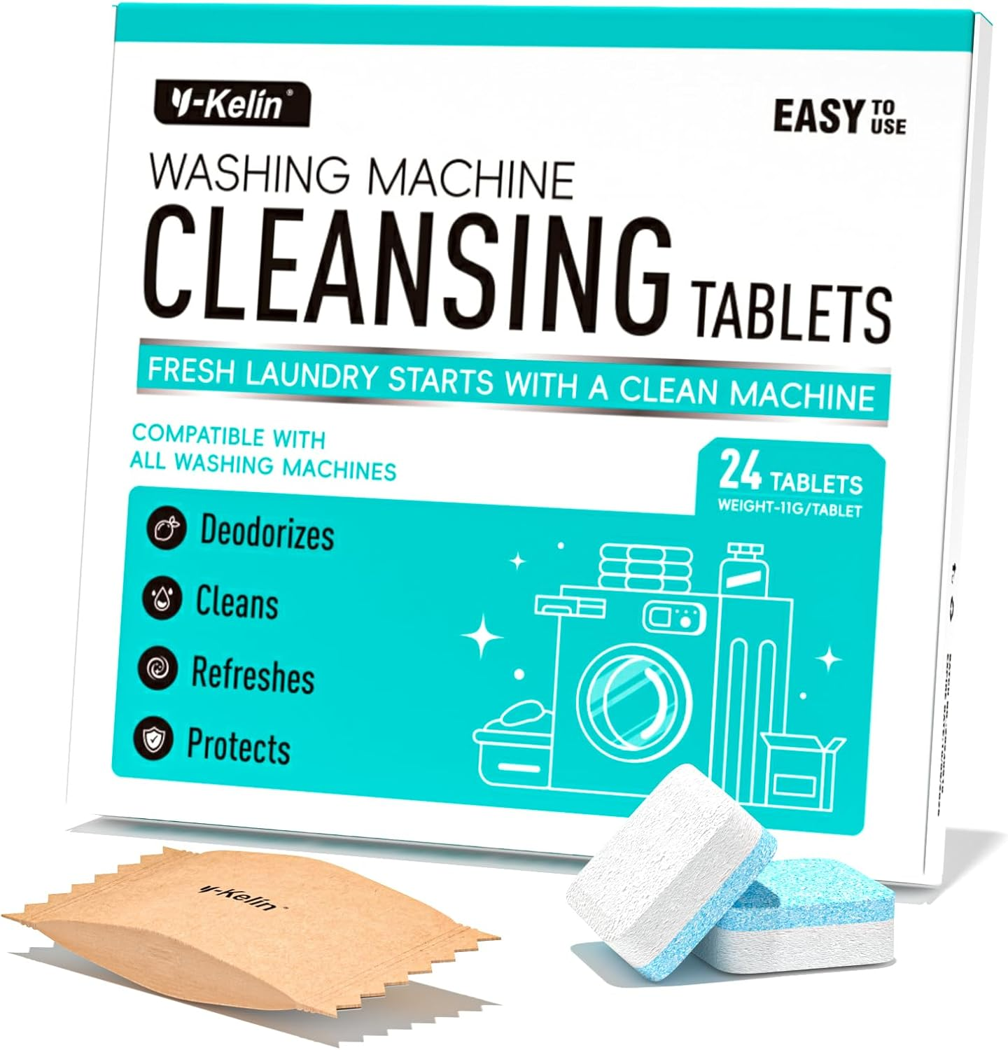 Y-Kelin Washing Machine Cleaner Tablets - Deep Cleaning Tablets for HE Front Loader & Top Load Washer 24 Pack for 1 Year Supply image number 6