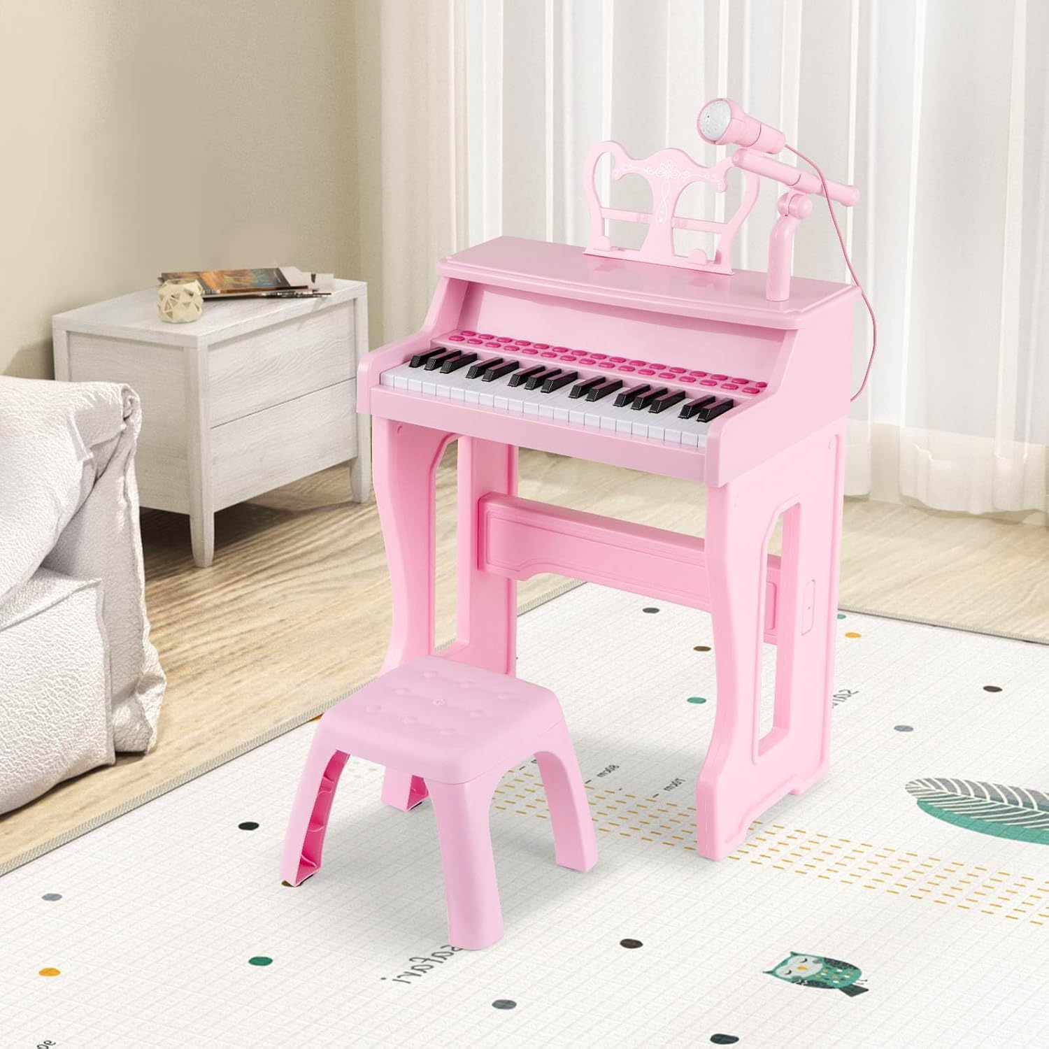 HONEY JOY 37-Key Piano Keyboard Toy, Electronic Musical Instrument W/ Adjustable Microphone, Detachable Music Stand & Matching Stool, Educational Gift for Toddlers Aged 3+ Years Old (Pink) - Style 2, Pink image number 3