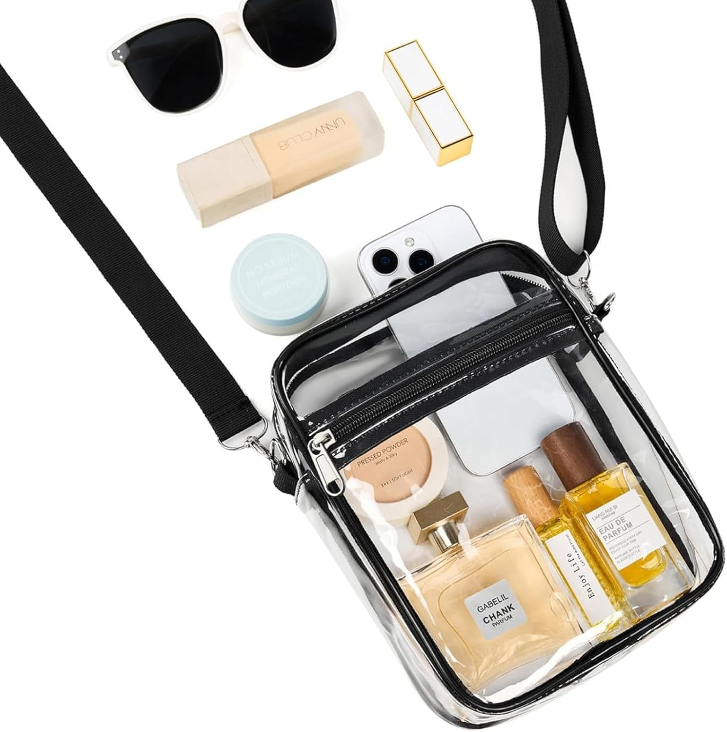 Supcomsta Clear Crossbody Bag, Clear Toiletry Bag with Color-Block Border, Double-Layered Clear Makeup Bag for Concerts Sports Festivals Toiletries, Wash Bag, Daily & Travel Use (Black, Large) image number 5