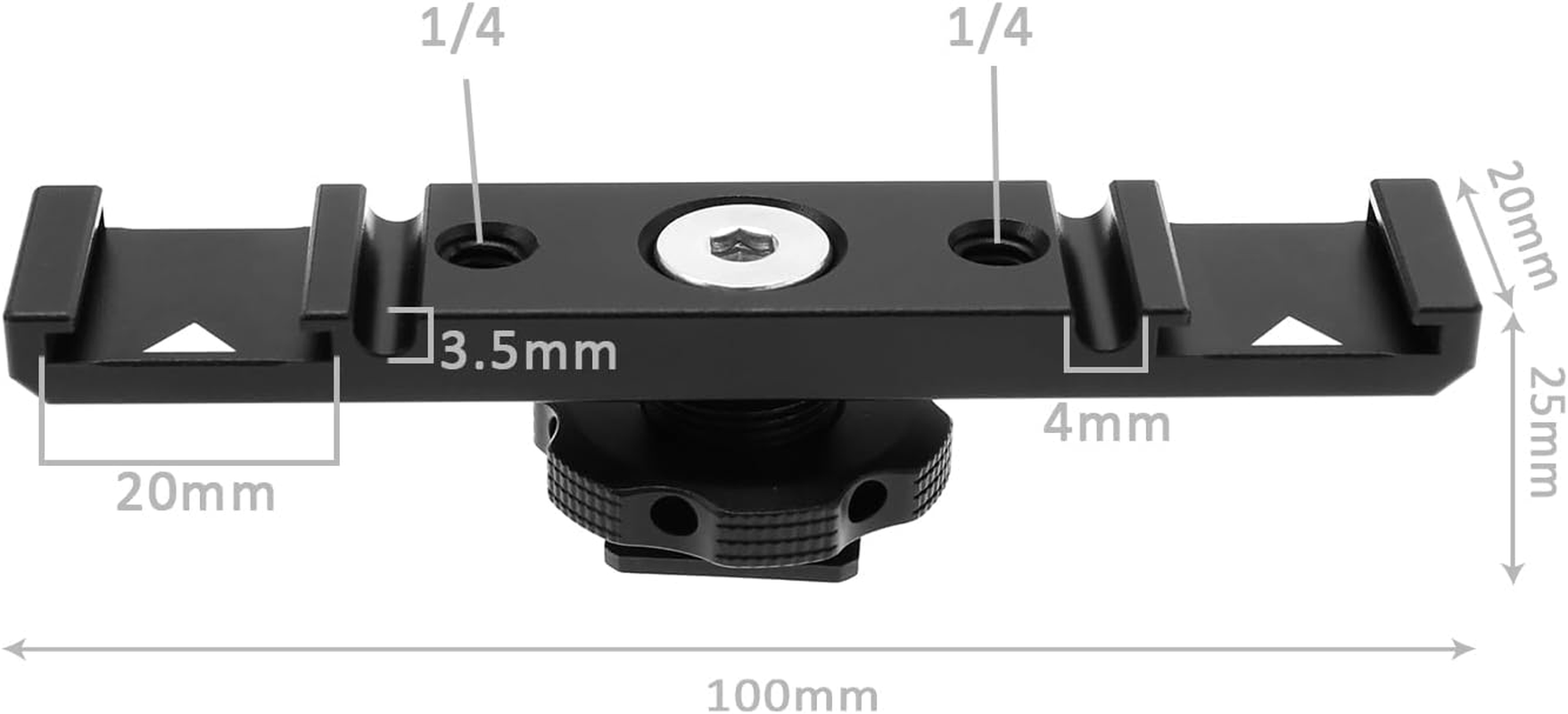VGOL Hot Shoe Adapter Camera Dual Cold Shoe Mount Bracket Aluminum Alloy Hot Shoe Extension Bar for Microphone Flash LED Lights Monitors 1/4" Thread Hole image number 4