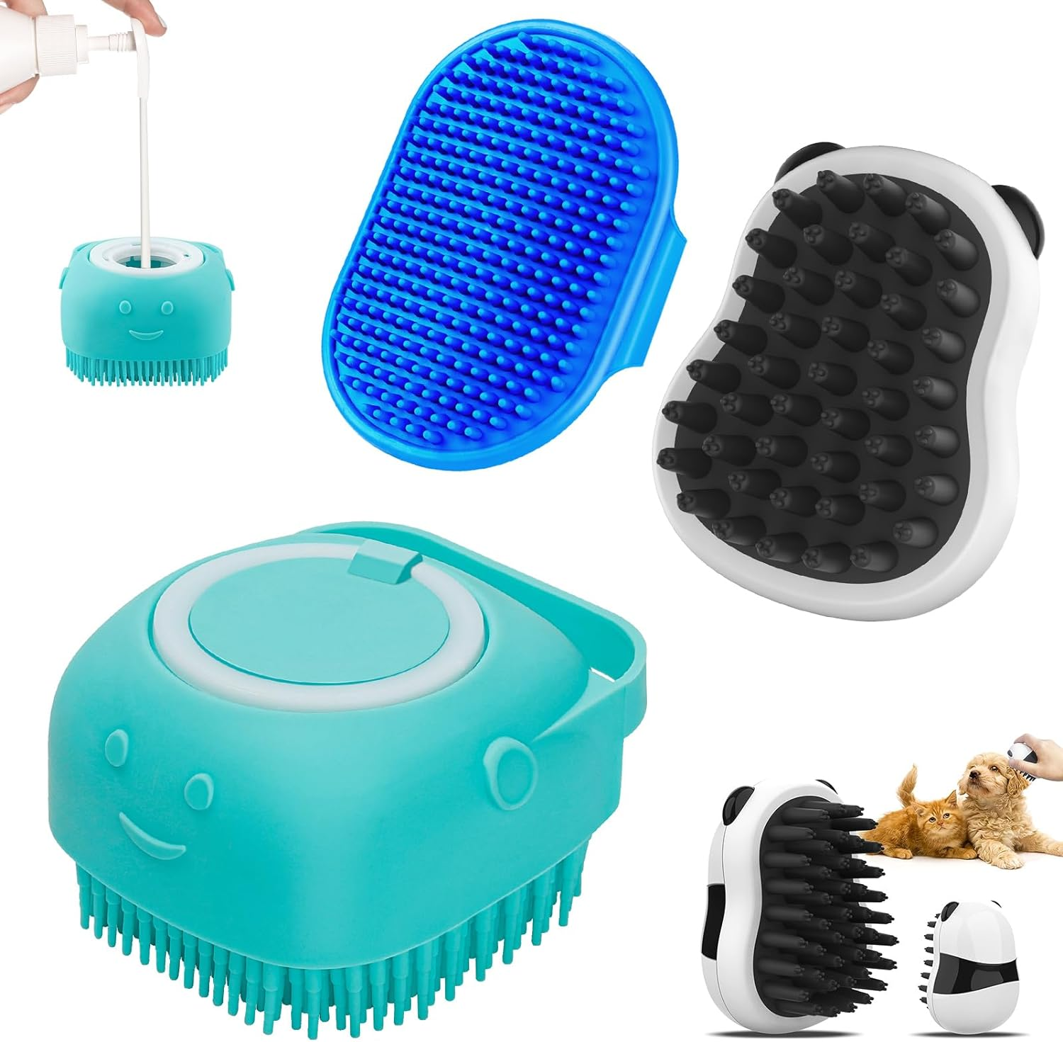 Comotech 3-In-1 Dog Grooming Brush | Adjustable Handle Shampoo Brush & Scrubber for Short & Long Haired Dogs & Cats (Blue Blue White)