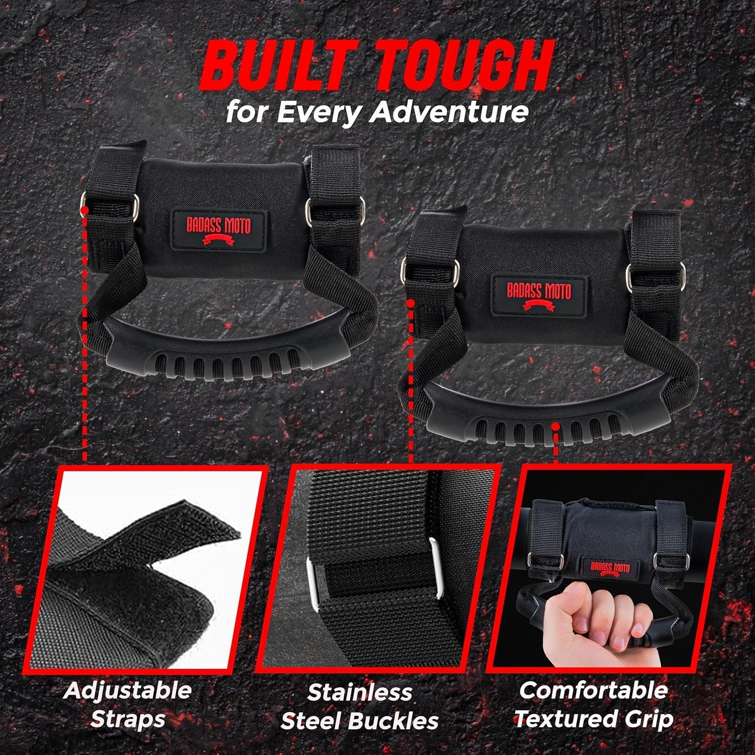 Badass Moto Roll Bar Grab Handles SXS, ATV, & UTV Grab Handles Grips for 1.5 to 2" Rollbar - Black & Red Hand Grip Grabs with Stainless Steel Buckles for Honda, Teryx, Can-Am, Polaris, Quad - 2 Pack image number 6