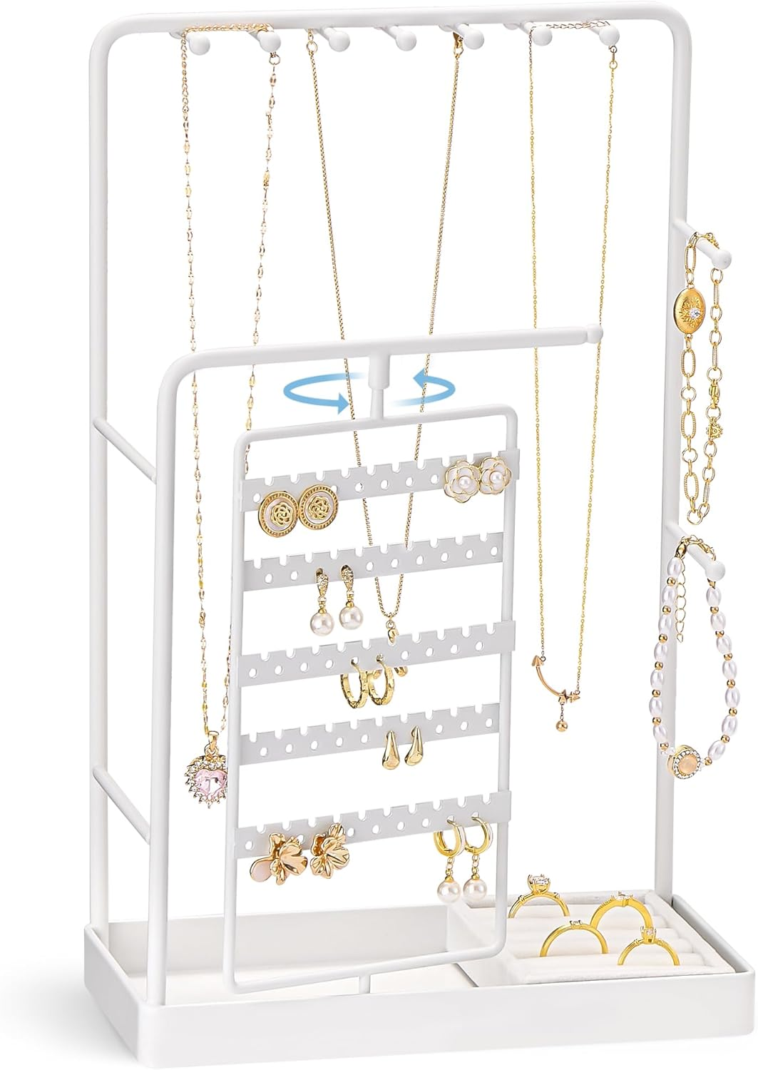 Procase Jewelry Stand Holder Organizer and Storage, Jewelry Display Stand Tower Rack with Velvet Ring Tray, Rotating Earring Display Hanging, Bracelet Necklace Holder, for Women Girls -White - Gold image number 2