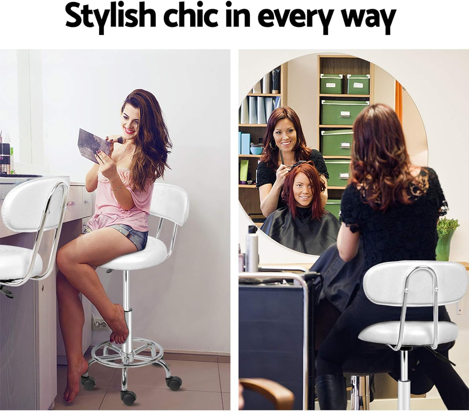 Artiss round PU Salon Stool, Bar Stools Swivel Lounge Drafting Chair Piano Guitar Seat Barber Chairs Outdoor Spa Indoor Home Office Kitchen Furniture, with Backrest Hydraulic Lift White image number 6