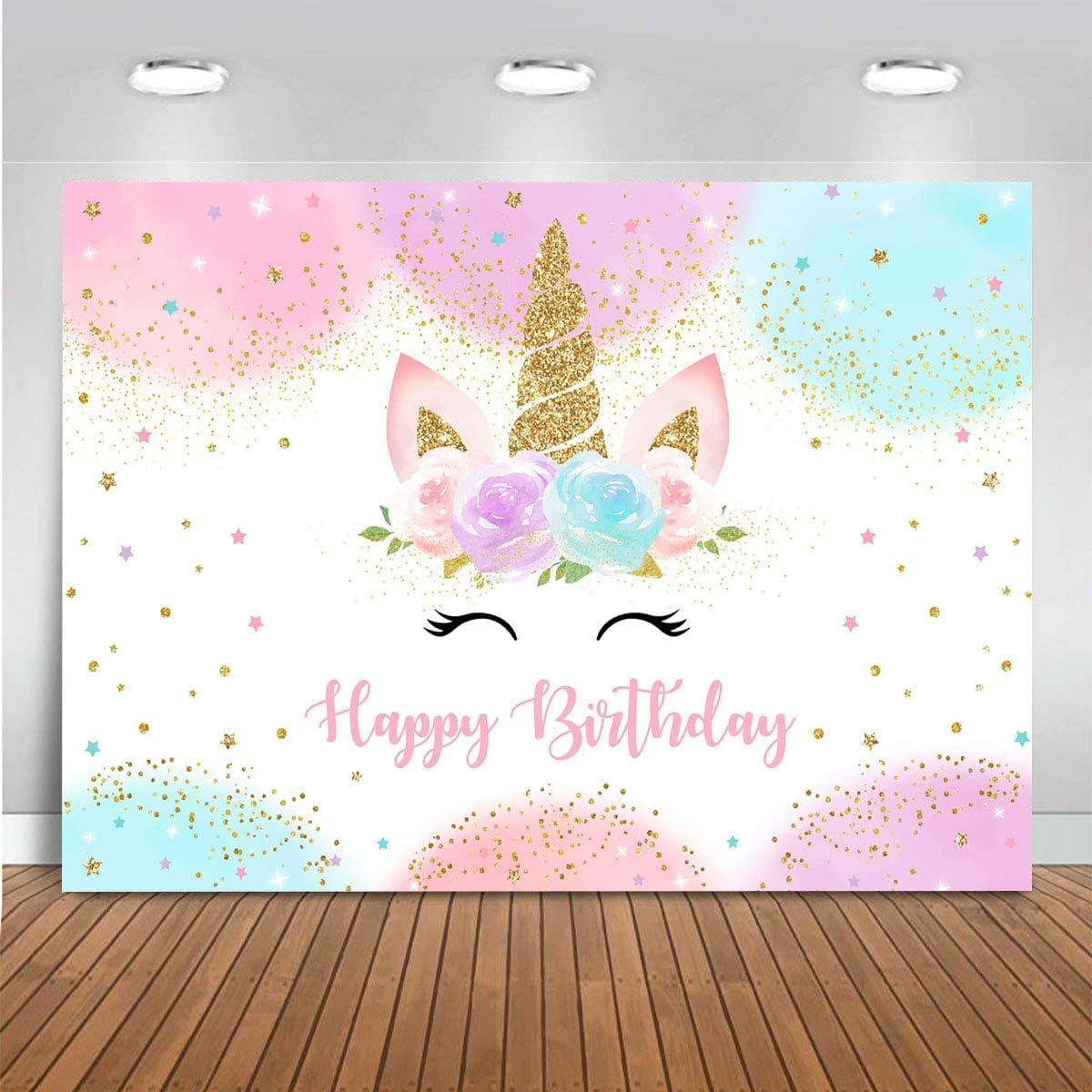 Happy Birthday Backdrop Banner Unicorn Birthday Party Backdrop, Pastel Rainbow Design with Glitter Stars, Birthday Party Photo Photography Prop Booth Background for Girls (210 * 150CM) image number 2