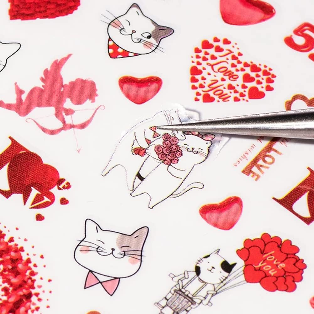 12 Sheets Valentine'S Day Nail Art Stickers Decal 3D Heart Nail Decals Self-Adhesive Red Sexy Lips Love Rose Kiss Angel Letter DIY Nail Design Sticker Nail Supplies Manicure Decoration for Women Girls image number 4