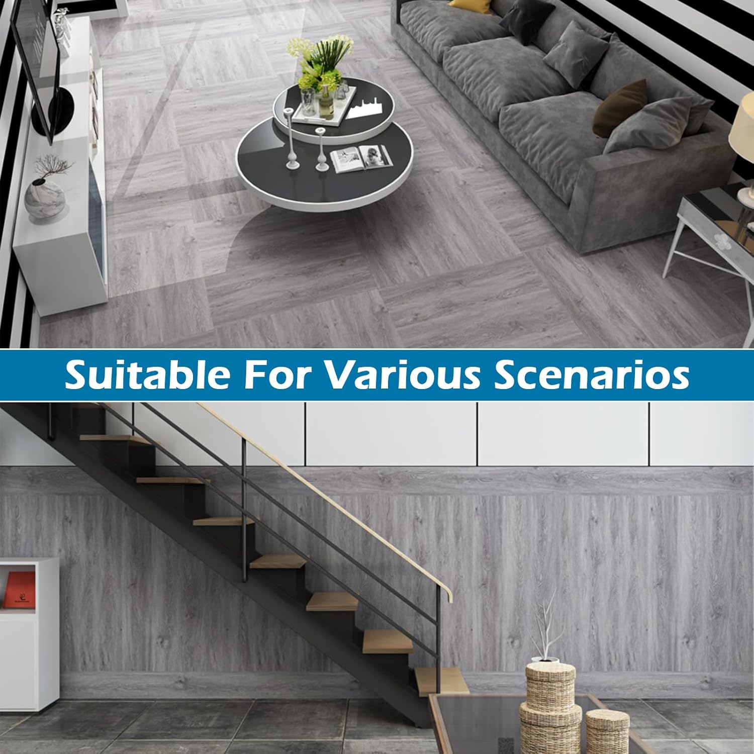 Wood Grain Floor Tiles, 15PCS 91 X 15Cm Waterproof Peel and Stick Vinyl Flooring, Flame Retardant Wear Resistant Floor Stickers for Home (Grey) image number 5