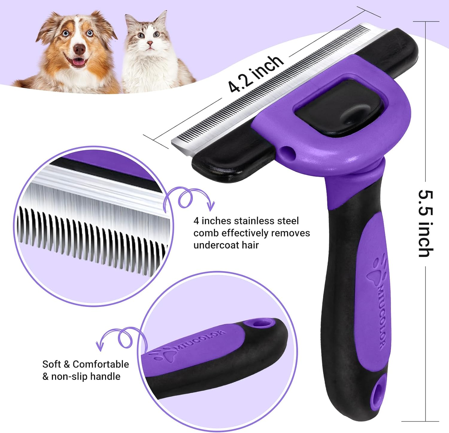 MIU COLOR Pet Grooming Brush, Deshedding Tool for Dogs & Cats, Effectively Reduces Shedding by up to 95% for Short Medium and Long Pet Hair, Purple image number 1