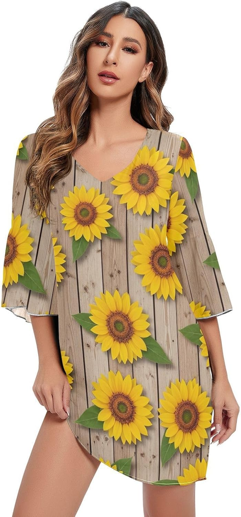 Rustic Yellow Sunflowers V Neck Dress Printed Line Maternity Dress image number 4