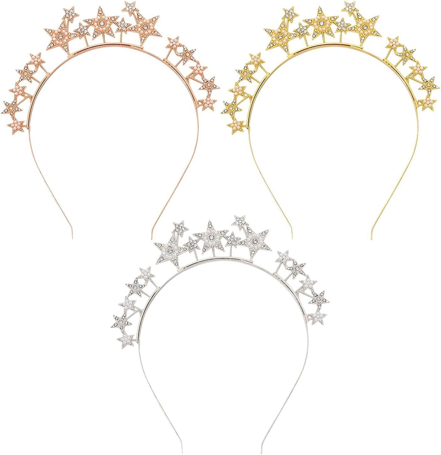 Pack of 3 Star Headbands, Five-Pointed Star Headbands with Rhinestones, Fashionable Party Headbands, Glitter Dress Headbands, Holiday Hair Accessories for Children and Adults
