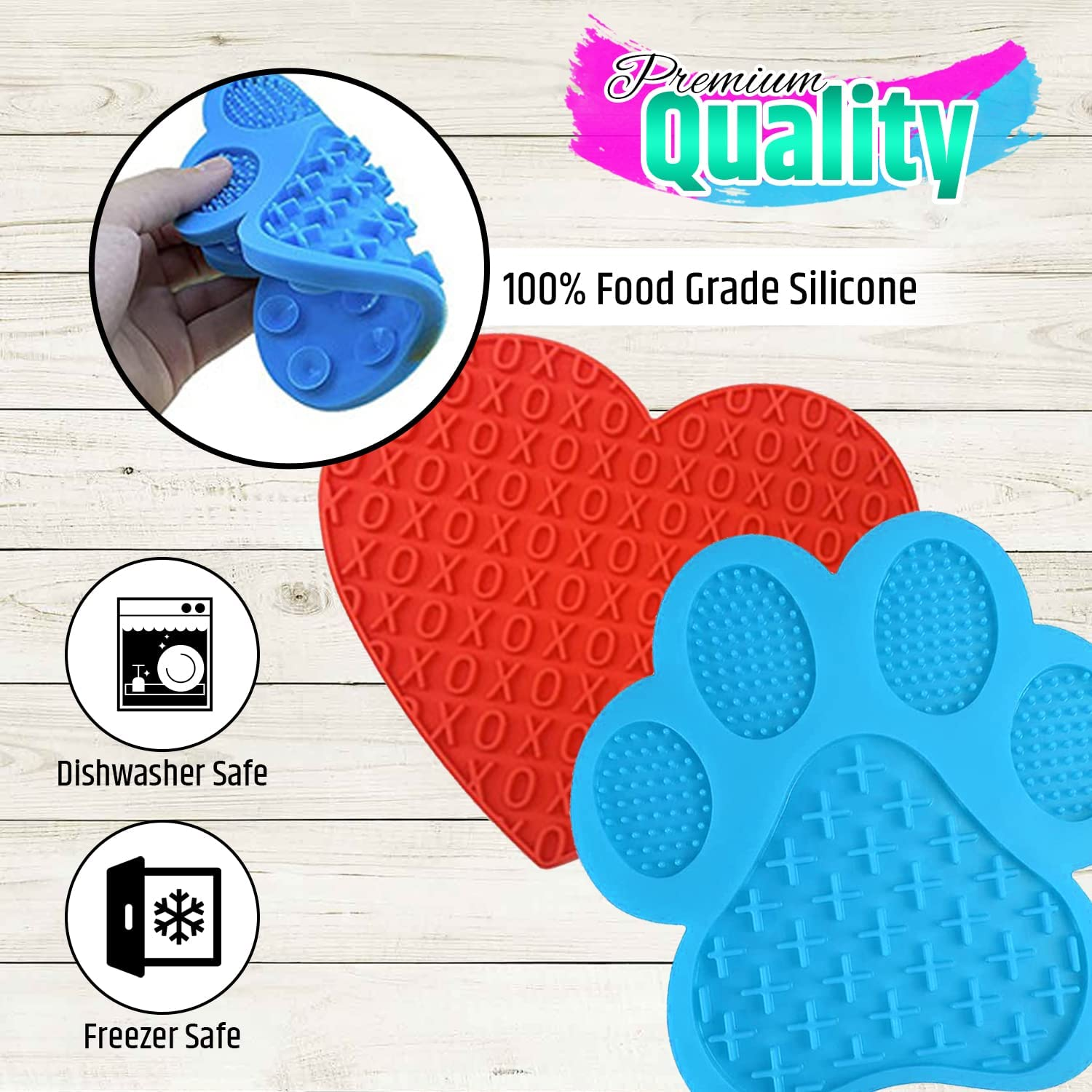 Love Lick Mat 2 Pack Combo - Slow Feeder - Love Heart & Paw Print - Suction Cups - Calms Anxious Pets - Kills Boredom - Dog Bath-Time Fun - Food Grade Silicone - BPA Free - Free Cleaning Brush Bonus image number 1