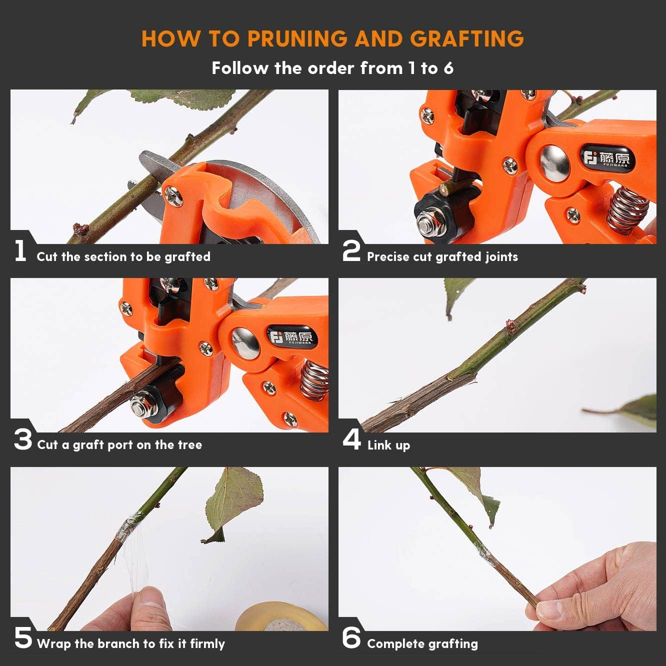 FUJIWARA Garden Grafting Tool, Multifunctional Pruning Kit, U-Graft/V-Graft/&Omega;-Graft Seedling for Fruit Tree Branch Grafting Set, Including Graft Tapes, Replacement Blades, Fixing Clip, Yellow image number 2