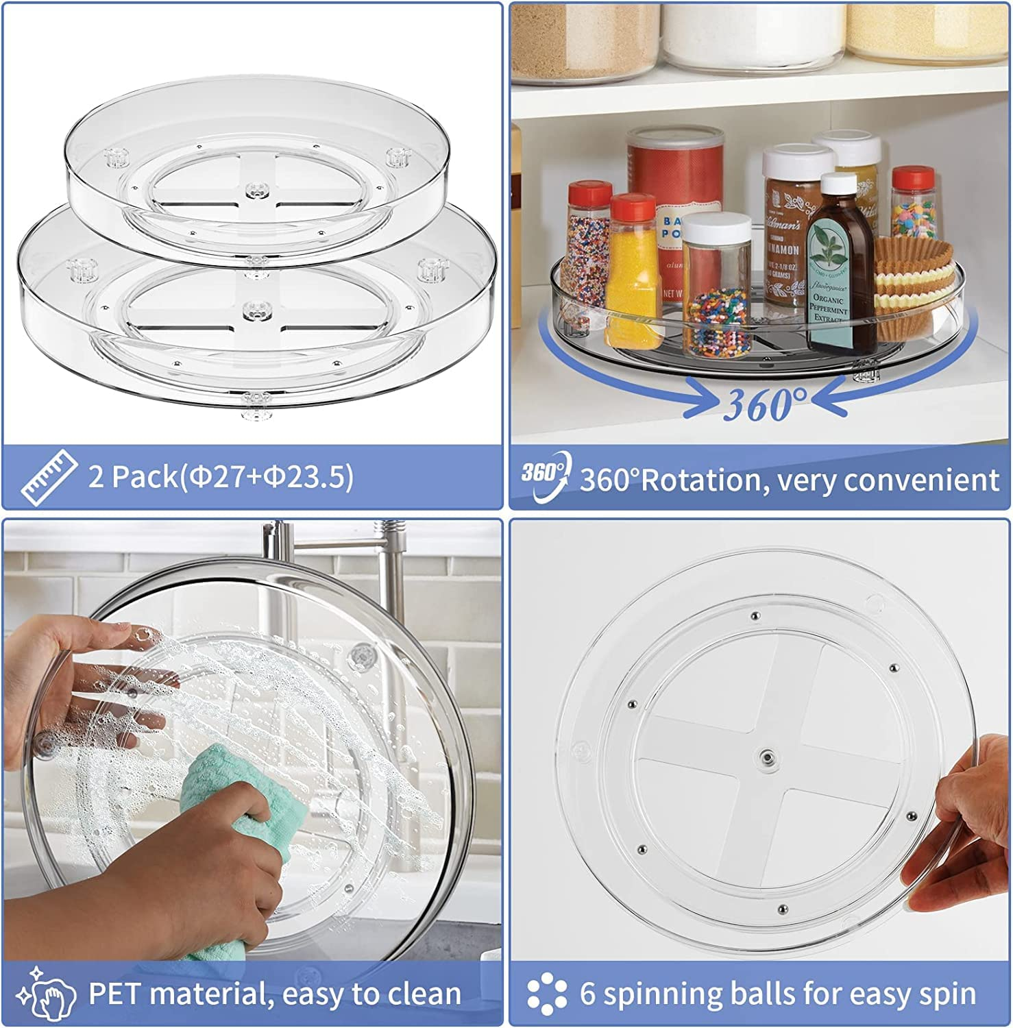 Nealie 2 Pack Lazy Susan Turntable Cupboard Organizer (27+23,5Cm), Rotatable Spice Rack Fridge, Clear Cupboard Condiment Spinning Tray, Multi-Functional Spice Rack for Kitchen Storage image number 2